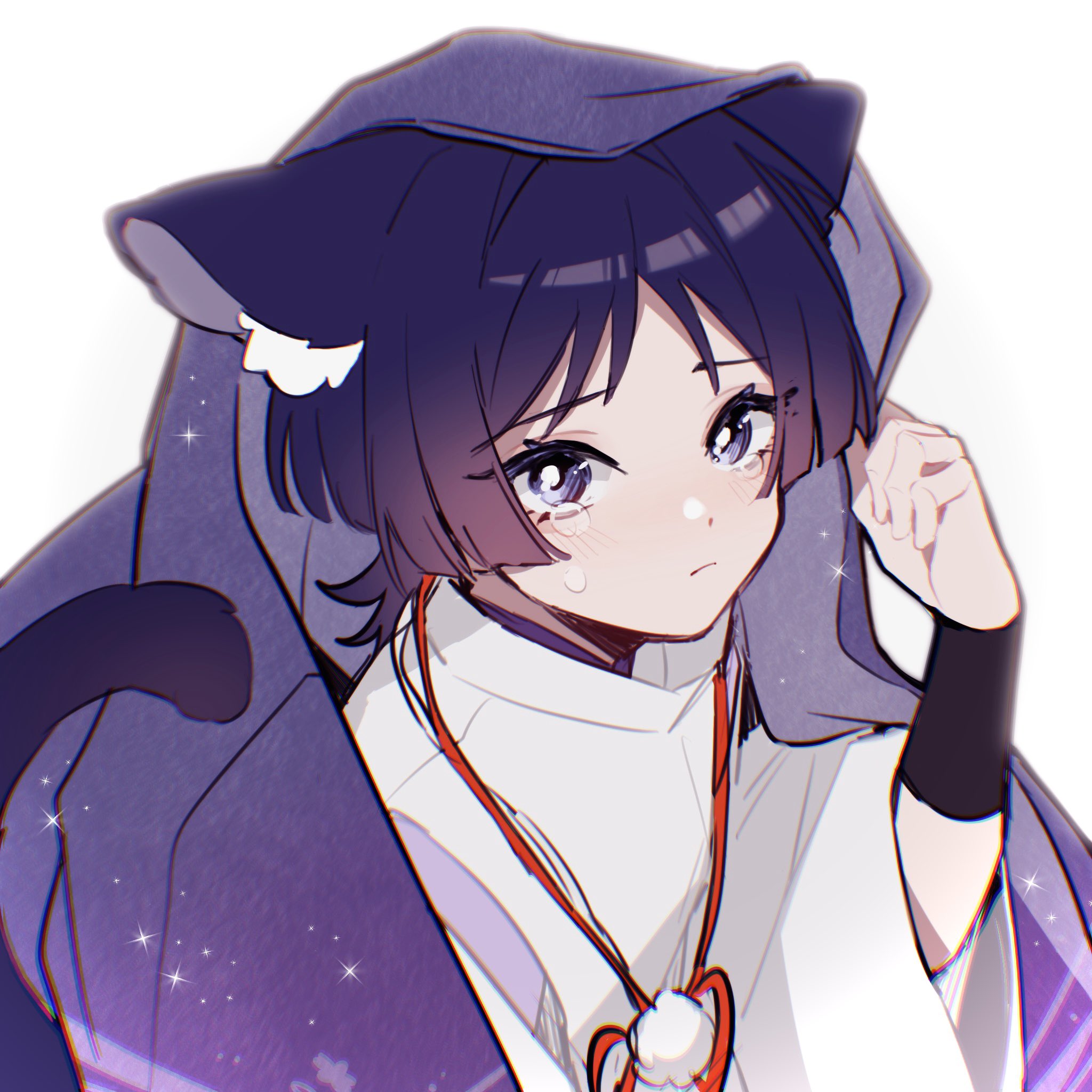 w02 14, scaramouche (genshin impact), scaramouche (kabukimono) (genshin impact), genshin impact, highres, 1boy, animal ear fluff, animal ears, armor, blunt ends, bright pupils, cat boy, cat ears, cat tail, closed mouth, clothing cutout, crying, crying with eyes open, eyelashes, hand up, japanese armor, japanese clothes, kariginu, kimono, kote, kurokote, layered sleeves, light blush, looking at viewer, male focus, pom pom (clothes), purple eyes, purple hair, purple kimono, purple sleeves, purple veil, shoulder cutout, solo, string, tail, tears, three-quarter sleeves, upper body, veil, white background, white pupils, white sleeves, wispy bangs