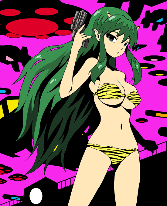 heika (heikahp), lum, urusei yatsura, 1girl, animal print, bikini, breasts, cleavage, cone horns, female focus, flying saucer, green eyes, green hair, gun, handgun, horns, large breasts, long hair, matching hair/eyes, oni, pistol, pointy ears, small horns, solo, spacecraft, swimsuit, tiger print, ufo, underboob, weapon