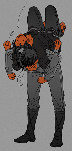 ichino (1no), touken ranbu, character request, commentary request, +++, 2boys, black boots, black pants, black shirt, boots, closed eyes, full body, grey background, grey jacket, grey pants, jacket, long sleeves, male focus, multiple boys, open mouth, pants, sandals, shirt, simple background, smile, standing, track jacket