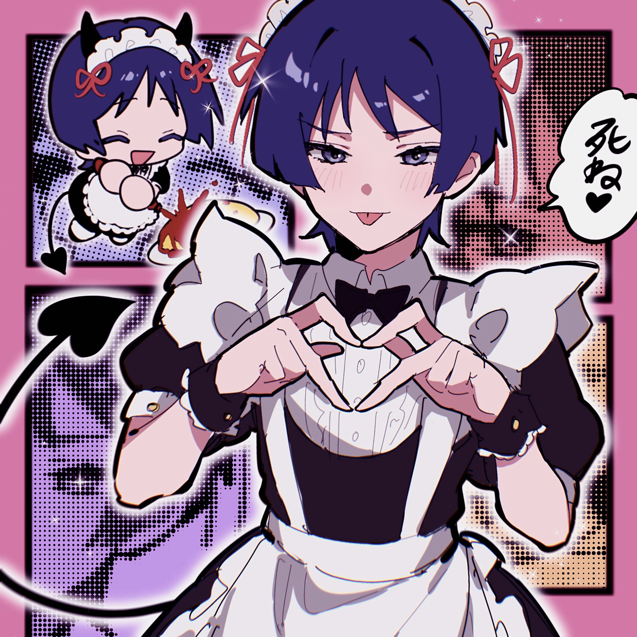 w02 14, scaramouche (genshin impact), genshin impact, highres, 1boy, alternate costume, apron, black bow, black bowtie, black dress, black sleeves, black wrist cuffs, blunt ends, blush, bow, bowtie, chibi, chibi inset, circle hands, closed eyes, crossdressing, crossdressing (mtf), demon boy, demon horns, demon tail, diffraction spikes, dress, enmaided, food, four-finger heart hands, frilled sleeves, frills, hair ribbon, hands up, heart, heart hands, heart tail, horns, juliet sleeves, ketchup, ketchup bottle, long sleeves, looking at viewer, maid, maid apron, maid headdress, male focus, omelet, puffy sleeves, purple eyes, purple hair, red ribbon, ribbon, shirt, tail, tamagoyaki, tongue, tongue out, undershirt, white apron, white shirt, wispy bangs, wrist cuffs