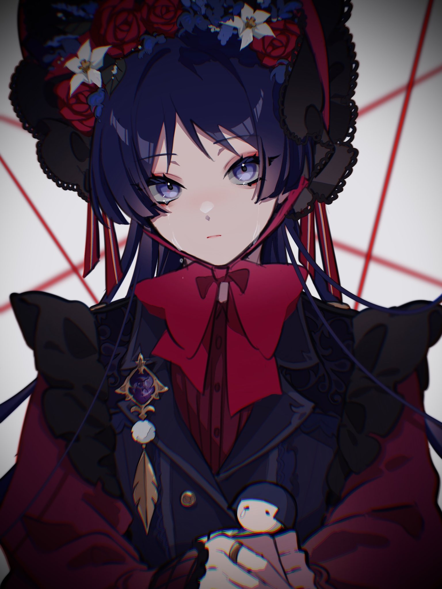 w02 14, scaramouche (genshin impact), genshin impact, highres, 1boy, black hat, blue flower, blunt ends, bonnet, bow, closed mouth, cracked gemstone, crossdressing, crossdressing (mtf), crying, crying with eyes open, doll, expressionless, eyelashes, eyeliner, eyeshadow, feathers, flower, gem, gold ring, gothic lolita, hair flower, hair ornament, hat, holding, holding stuffed toy, lapels, large bow, lolita fashion, long sleeves, looking at viewer, makeup, male focus, pom pom (clothes), purple eyes, purple gemstone, purple hair, purple vest, red bow, red eyeliner, red eyeshadow, red flower, red rose, red shirt, red sleeves, rose, shirt, solo, stuffed animal, stuffed toy, tears, undershirt, vest, white background, white flower, wispy bangs, yellow feathers