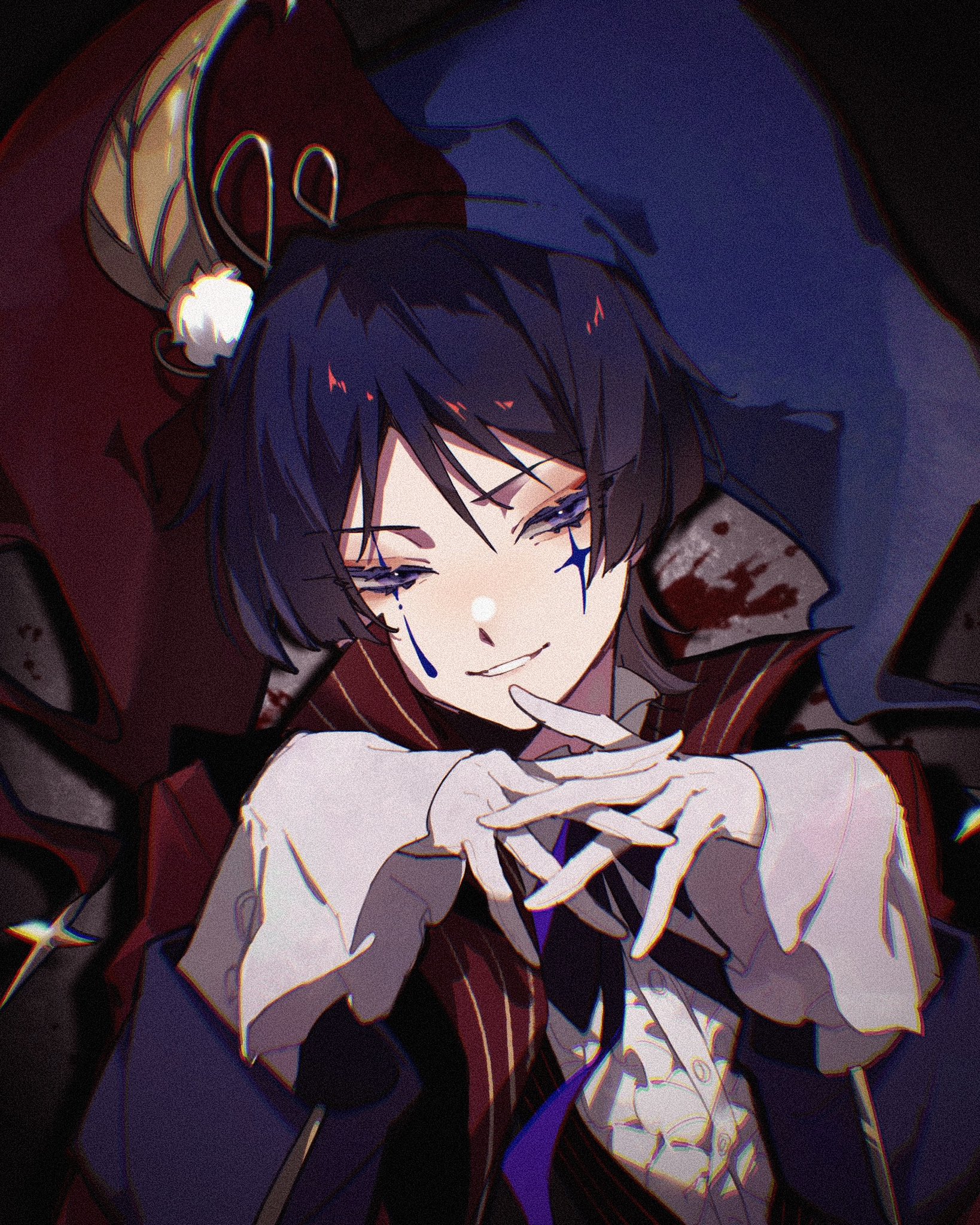 w02 14, scaramouche (genshin impact), wanderer (genshin impact), genshin impact, highres, 1boy, alternate costume, black bow, black vest, blunt ends, bow, coat, colored eyelashes, facial mark, feather hair ornament, feathers, frilled shirt, frills, gloves, gold, gold trim, hair ornament, hat, hat ornament, high collar, hoyofair, interlocked fingers, jester, jester cap, layered sleeves, long sleeves, looking at viewer, male focus, open clothes, open coat, own hands together, parted lips, pink lips, pom pom (clothes), pom pom hair ornament, portrait, purple eyes, purple hair, purple hat, red coat, red hat, red sleeves, shirt, sleeves past wrists, smirk, solo, squinting, star (symbol), star facial mark, star hat ornament, teardrop facial mark, two-tone hat, undershirt, vest, white gloves, white mouth, white shirt, white sleeves, wispy bangs, yellow feathers