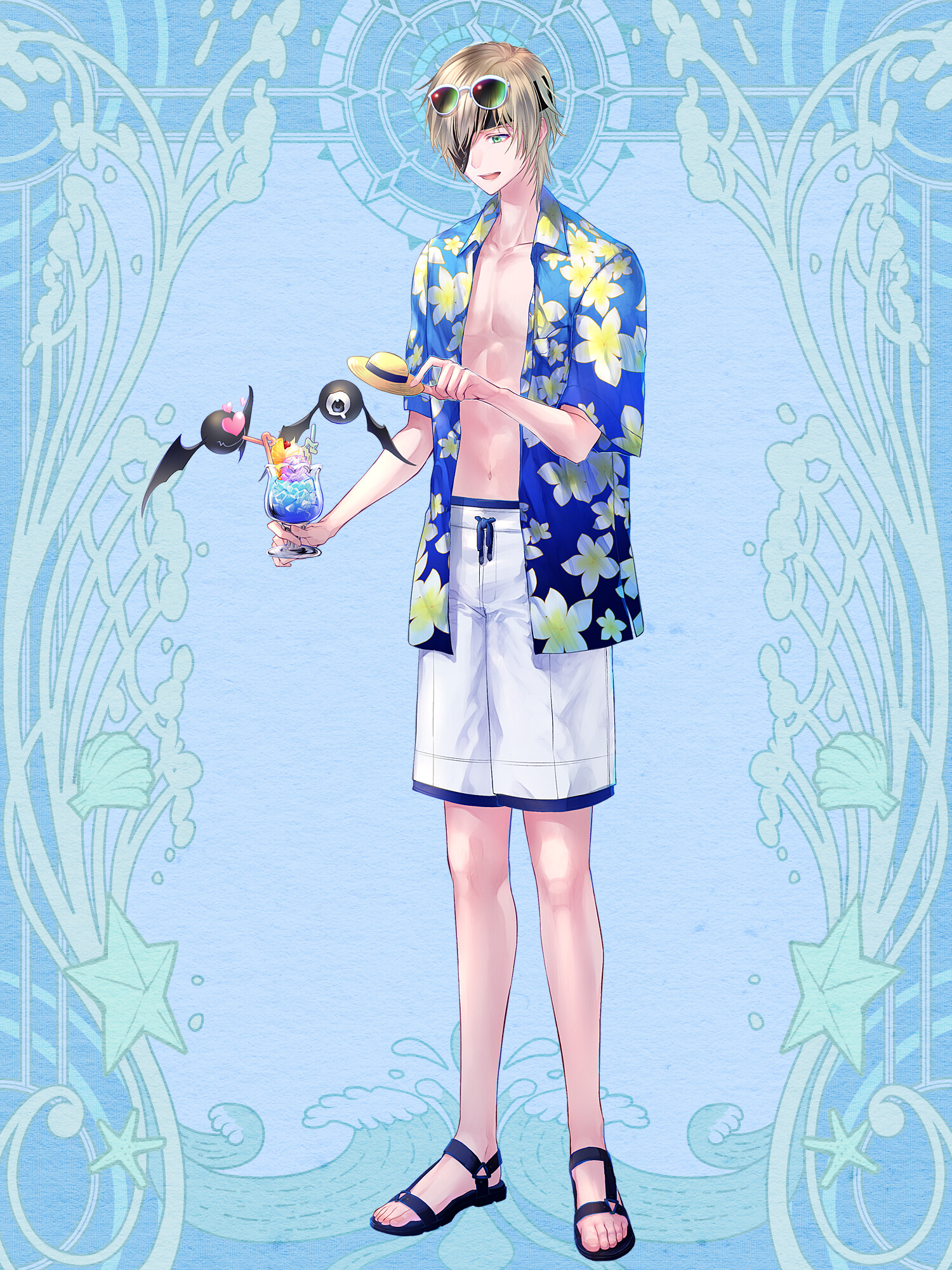 del depths, dairoku ryouhei, highres, 1boy, :d, alfiedo krofi, blonde hair, blue background, crazy straw, drinking, drinking straw, eyeball, eyepatch, eyewear on head, hat, hawaiian shirt, heart, heart-shaped eyes, holding, holding unworn clothes, holding unworn hat, male focus, mini hat, navel, open clothes, open mouth, open shirt, sandals, shirt, smile, standing, sunglasses, unworn hat, unworn headwear, white swim trunks