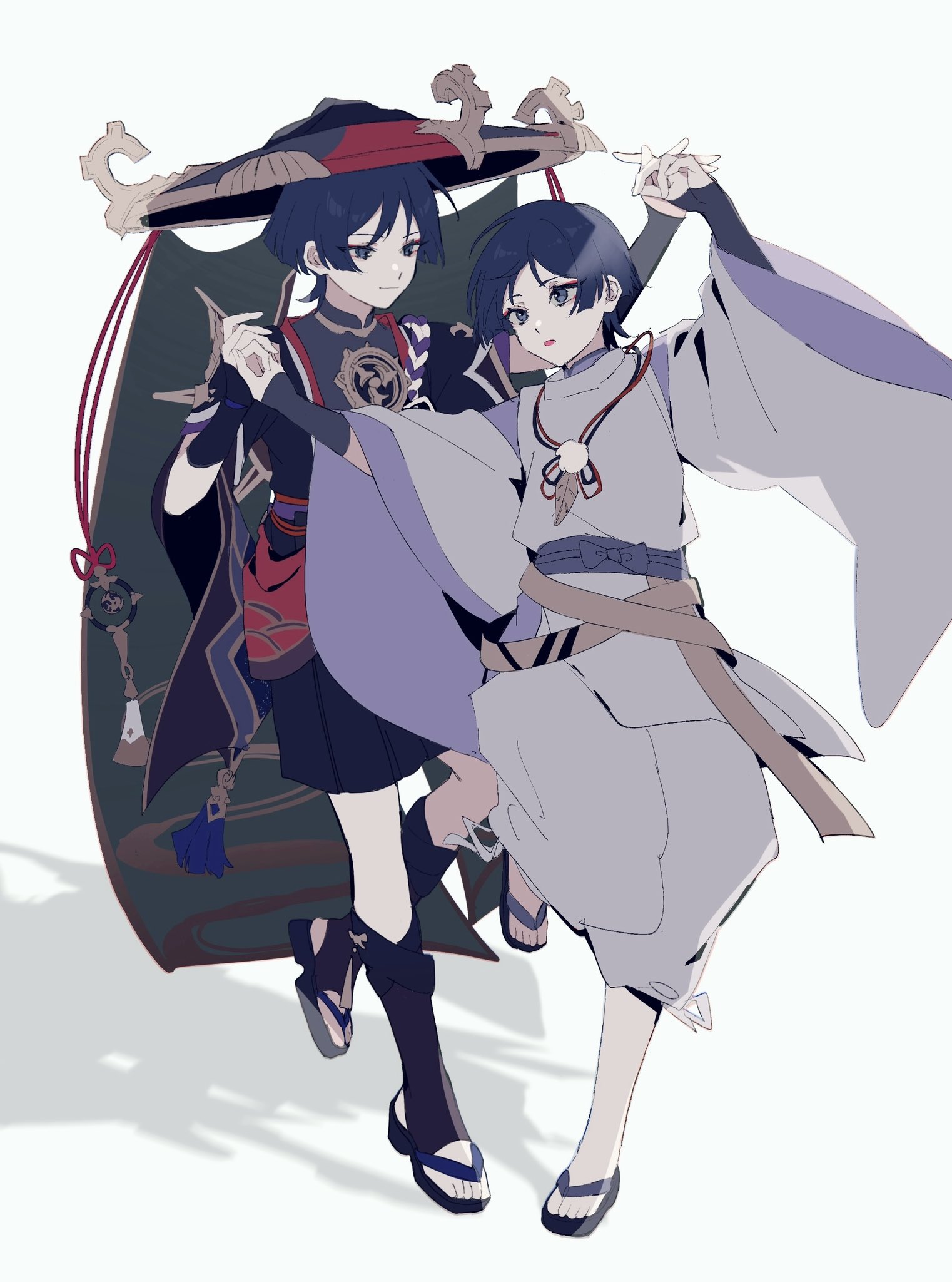 w02 14, scaramouche (genshin impact), scaramouche (kabukimono) (genshin impact), genshin impact, highres, 2boys, armor, arms up, black eyes, black hair, black hat, black kimono, black mask, black sandals, black shorts, black sleeves, blunt ends, bodysuit, bow, bridal legwear, brown sash, closed mouth, clothing cutout, dancing, dual persona, eyeliner, eyeshadow, feathers, foot up, full body, furisode, gold, gold trim, grey bodysuit, grey eyes, grey veil, hakama, hakama shorts, hat, holding hands, japanese armor, japanese clothes, jewelry, jingasa, juban, kariginu, kimono, kote, kurokote, layered sleeves, long sleeves, looking at another, makeup, mask on hat, mitsudomoe (shape), multiple boys, neck ring, open clothes, open kimono, open mouth, pants, pelvic curtain, pleated shorts, pom pom (clothes), purple bow, purple kimono, purple rope, purple sash, purple sleeves, red eyeliner, red eyeshadow, red hat, red kimono, red sash, rope, sandals, sash, shadow, shimenawa, short sleeves, shorts, shoulder cutout, side cutout, single sode, smile, stirrup legwear, string, toeless legwear, toes, tomoe (symbol), tsurime, two-tone hat, veil, white background, white kimono, white pants, white rope, white sleeves, wide sleeves, wispy bangs, yellow feathers, zouri