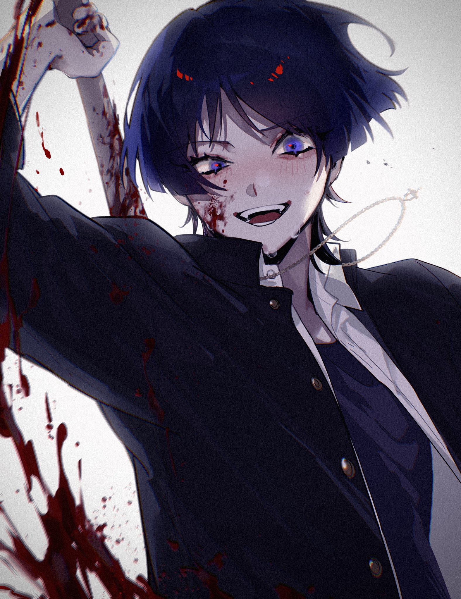 w02 14, scaramouche (genshin impact), wanderer (genshin impact), genshin impact, highres, weapon request, 1boy, alternate costume, arm up, black jacket, black shirt, black sleeves, blood, blood on clothes, blood on face, blood on hands, blood splatter, bloody weapon, blunt ends, blush, collared jacket, collared shirt, contemporary, crazy, crazy eyes, crazy smile, eyelashes, gakuran, holding, holding weapon, incoming attack, jacket, long sleeves, looking at viewer, male focus, open clothes, open jacket, open mouth, open shirt, purple eyes, purple hair, school uniform, shirt, smile, solo, teeth, three-quarter sleeves, tongue, undershirt, uneven eyes, upper body, weapon, white shirt, wispy bangs