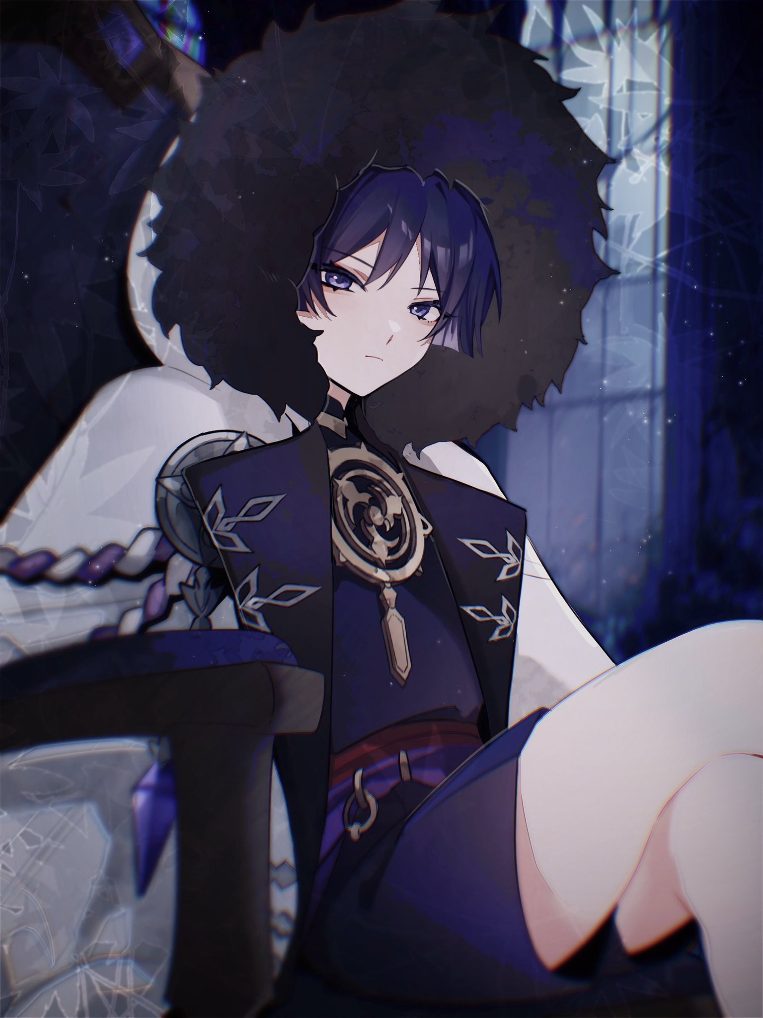 w02 14, scaramouche (genshin impact), genshin impact, highres, 1boy, aiguillette, black shirt, blunt ends, chair, closed mouth, coat, crossed legs, eyelashes, eyeliner, eyeshadow, fatui coat, fatui logo, fur-trimmed hood, fur trim, gold, hood, hood up, hooded coat, indoors, jewelry, lapels, makeup, male focus, mandarin collar, mitsudomoe (shape), neck ring, o-ring, purple eyes, purple hair, purple rope, purple sash, purple shorts, red eyeliner, red eyeshadow, red sash, rope, sash, shimenawa, shirt, shorts, sitting, solo, tomoe (symbol), tsurime, white coat, white hood, white rope, window, wispy bangs