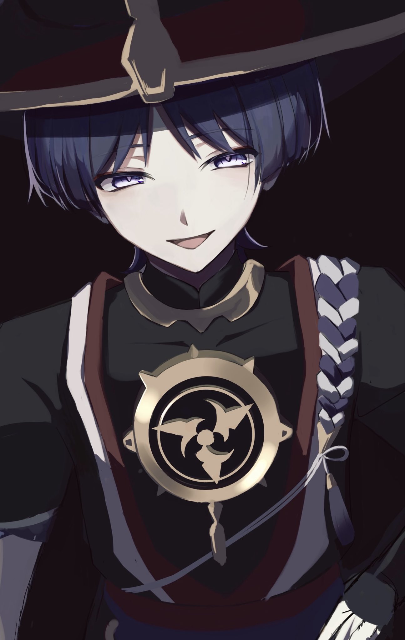 okuraa 13, scaramouche (genshin impact), genshin impact, highres, 1boy, armor, black bodysuit, black hair, black hat, black kimono, black sleeves, blunt ends, bodysuit, covered collarbone, eyeliner, eyeshadow, gold, hand on own hip, hat, japanese armor, japanese clothes, jingasa, juban, kimono, kote, kurokote, layered sleeves, looking at viewer, makeup, male focus, mandarin collar, mitsudomoe (shape), o-ring, open clothes, open kimono, open mouth, purple eyes, purple pupils, purple rope, purple sash, purple sleeves, red background, red eyeliner, red eyeshadow, red hat, red kimono, red sash, rope, sash, shimenawa, short sleeves, solo, tassel, tomoe (symbol), tsurime, two-tone hat, upper body, white kimono, white rope, wispy bangs