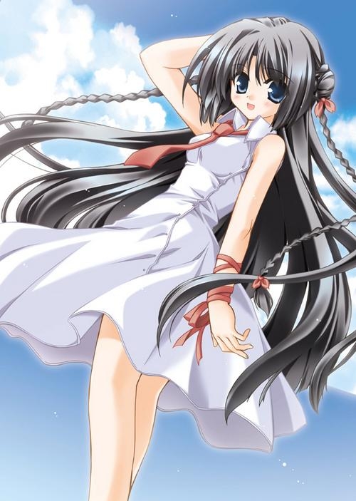 hand on head, black hair, blue eyes, blush, braid, dress, hair ribbon, long hair, necktie, ribbon, smile