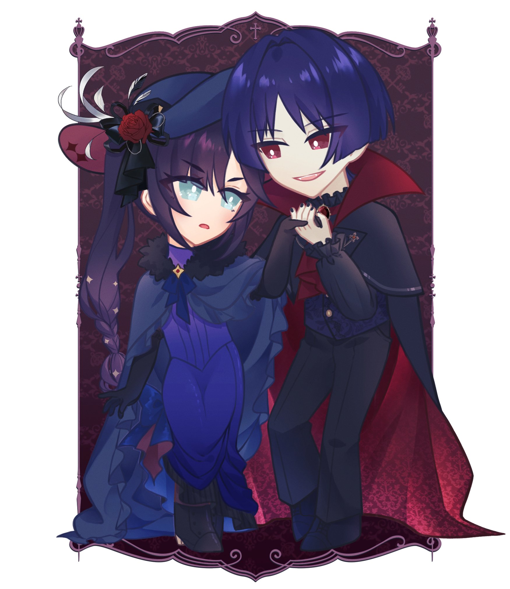 renacchi06, mona (genshin impact), scaramouche (genshin impact), genshin impact, highres, 1boy, 1girl, alternate costume, alternate hairstyle, alternate species, alternate universe, aqua eyes, arm at side, ascot, black boots, black cloak, black collar, black gloves, black hat, black pants, black ribbon, blunt ends, boots, border, braid, bright pupils, brooch, cloak, collar, collared cloak, dress, elbow gloves, eyelashes, fangs, flower, formal clothes, frilled cloak, frilled collar, frills, fur-trimmed cloak, fur collar, fur trim, gem, gloves, hair intakes, hat, hat flower, hat ribbon, hetero, high collar, high side ponytail, holding hands, jewelry, long hair, looking at another, open hand, open mouth, pants, parted bangs, picture hat, purple dress, purple hair, purple vest, red ascot, red background, red cloak, red collar, red eyes, red flower, red gemstone, red hat, red rose, ribbon, rose, short eyebrows, side ponytail, side ponytail with braided base, sidelocks, smile, standing, star (symbol), star print, teeth, tsurime, two-sided cloak, two-sided fabric, two-sided headwear, upper teeth only, vampire, vest, white border, white pupils, wispy bangs