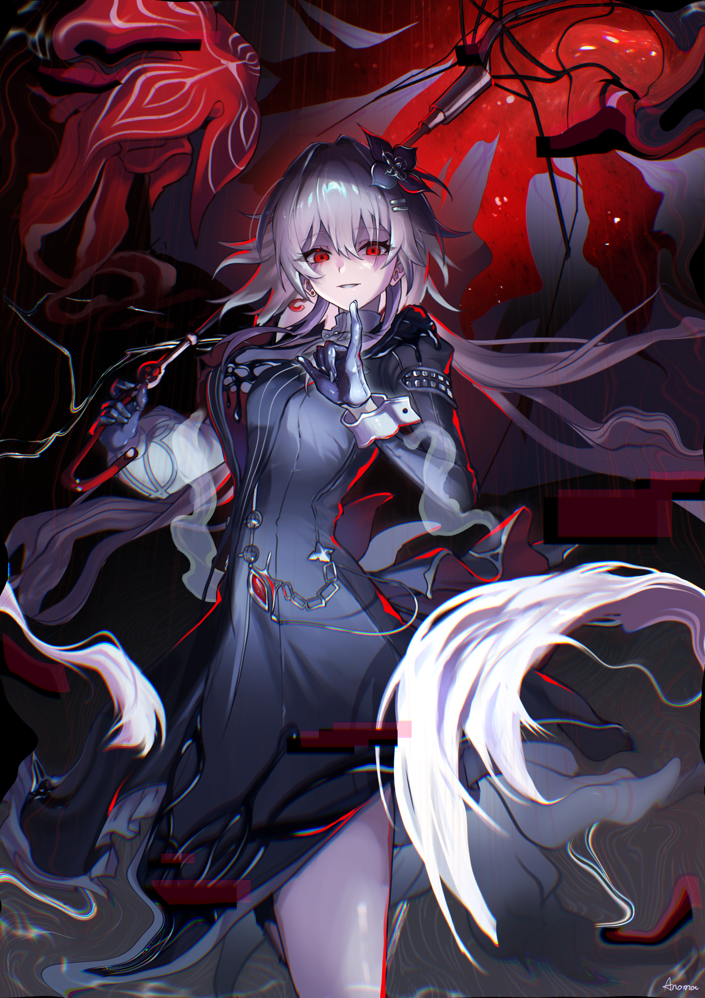 anoma (anomamama), evernight (honkai: star rail), march 7th (honkai: star rail), honkai: star rail, honkai (series), commentary request, highres, 1girl, asymmetrical sleeves, dress, earrings, evey (honkai: star rail), flower, gem, glitch, gloves, hair flower, hair ornament, hairclip, jewelry, layered dress, long hair, looking at viewer, mismatched sleeves, parallel hairclips, pink hair, red eyes, red gemstone, signature, single earring, sleeve cuffs, umbrella, very long hair