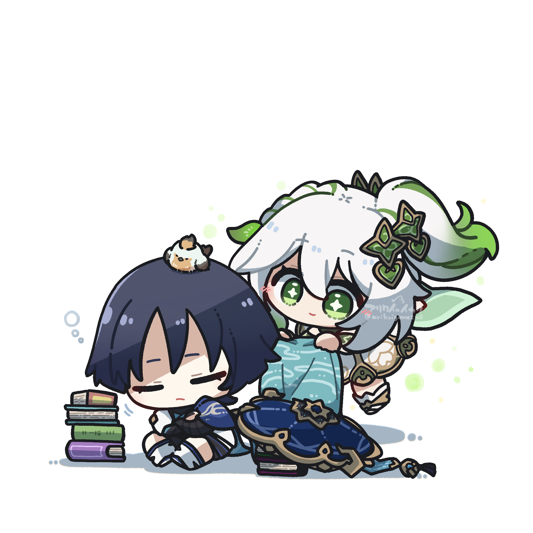 arikuigames1105, nahida (genshin impact), scaramouche (genshin impact), wanderer (genshin impact), genshin impact, toeless socks, highres, 1boy, 1girl, animal, animal on head, anklet, armor, belt, bird, bird on head, black belt, black bridal gauntlets, black hair, blanket, blue cape, blue hat, blue sleeves, blunt ends, book, book stack, bracelet, bridal gauntlets, cape, chibi, chibi only, closed eyes, closed mouth, cross-shaped pupils, crossed arms, deformed, detached sleeves, dress, finch, floating, furisode, gold, gold trim, green cape, green eyes, green hair, green sleeves, hair ornament, half crown braid, hand on own arm, hat, heart, heart hair ornament, high side ponytail, holding, holding blanket, japanese armor, japanese clothes, jewelry, jingasa, kimono, kote, kurokote, layered sleeves, leaf, leaf hair ornament, leg warmers, levitation, light blush, long hair, looking at another, mandala, multicolored hair, on head, short sleeves, sidelocks, sitting, sleeping, smile, socks, streaked hair, symbol-shaped pupils, tareme, twitter username, unworn hat, unworn headwear, watermark, white dress, white hair, white kimono, white leg warmers, white sleeves, white socks, white trim, wispy bangs