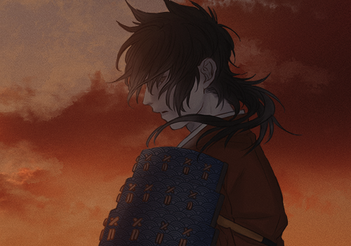 ichino (1no), touken ranbu, character request, commentary request, lowres, 1boy, black hair, evening, from side, japanese clothes, kimono, long hair, male focus, orange sky, outdoors, portrait, red kimono, sky, solo