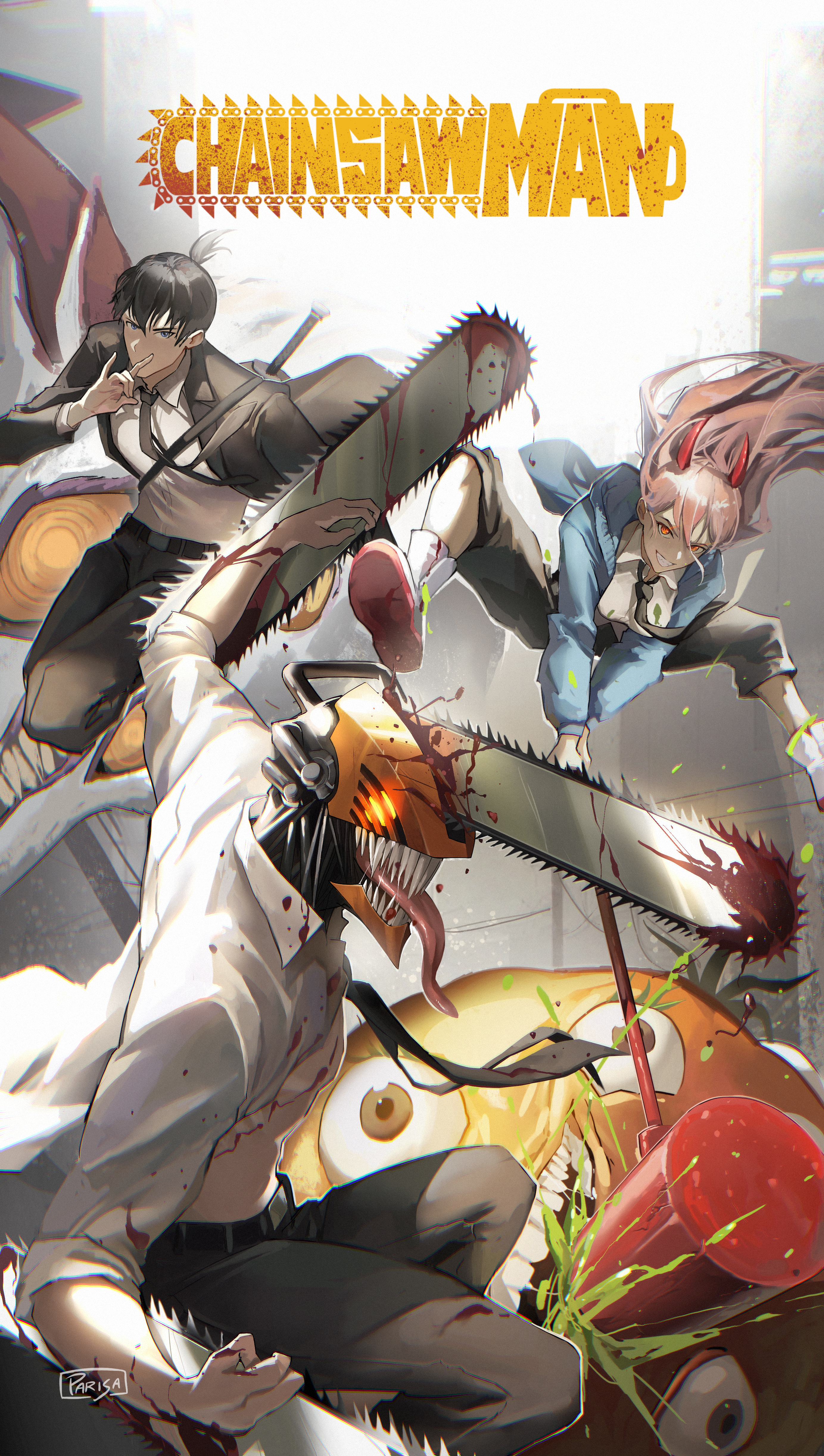 parisa reaz, denji (chainsaw man), fox devil (chainsaw man), hayakawa aki, power (chainsaw man), tomato devil (chainsaw man), chainsaw man, absurdres, commentary request, highres, 1girl, 2boys, black eyes, black hair, black necktie, black pants, black suit, blood, chainsaw, collared shirt, copyright name, demon girl, formal clothes, fox shadow puppet, grin, hair between eyes, horns, jumping, long hair, long hair between eyes, long sleeves, looking at viewer, multiple boys, necktie, pants, pink hair, red horns, shirt, short hair, signature, smile, suit, war hammer, weapon, white shirt