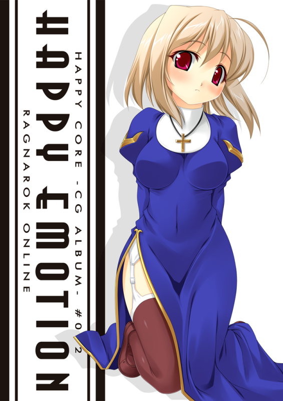 kinoshita ichi, priest (ragnarok online), ragnarok online, 1girl, ahoge, arms behind back, blonde hair, blush, breasts, brown thighhighs, cross, dress, female focus, garter belt, garter straps, head tilt, jewelry, kneeling, knees together feet apart, legs, long dress, looking at viewer, necklace, priest, red eyes, shoes, short hair, side slit, solo, thighhighs