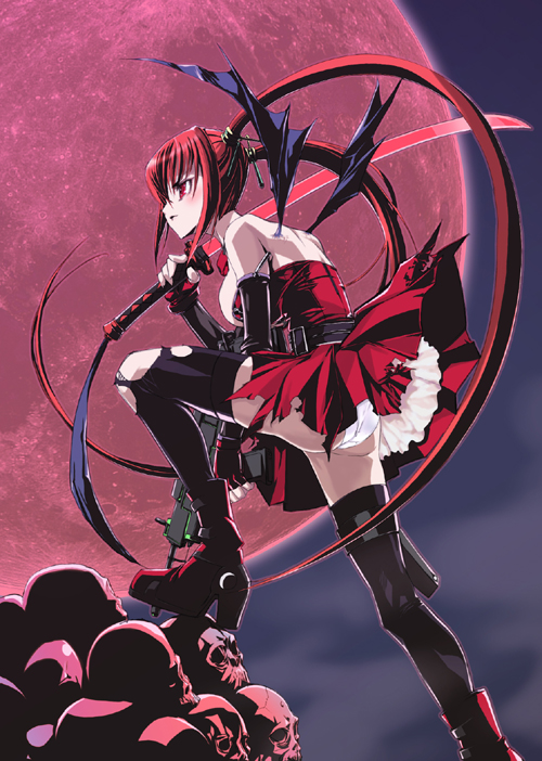 yoshizawa tomoaki, tokiwara himena, gun-katana, gun katana, platform footwear, 1girl, ass, back, bat wings, belt, black thighhighs, blush, boots, breasts, dress, dual wielding, female focus, gun, high heels, holding, katana, large breasts, leg lift, long hair, moon, outdoors, panties, pantyshot, red eyes, red hair, red moon, shoes, sideboob, skull, sky, solo, sword, thighhighs, torn clothes, torn thighhighs, twintails, underwear, very long hair, weapon, white panties, wings