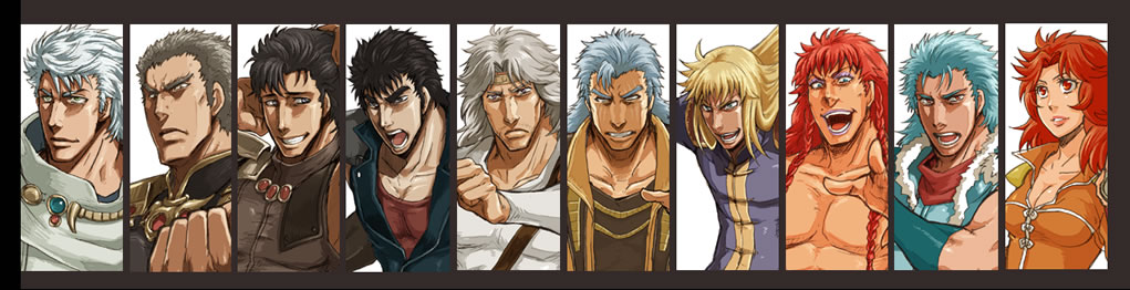 saburo, juda, juza, kenshiro, mamiya (hokuto no ken), raoh, raoh (hokuto no ken), ryuga (hokuto no ken), sabroh, shin (hokuto no ken), shu (hokuto no ken), toki (hokuto no ken), yuda (hokuto no ken), hokuto no ken, silver hair, 1girl, 6+boys, :d, black hair, blonde hair, blue hair, coat, collarbone, column lineup, looking at viewer, male focus, multiple boys, muscular, open mouth, red hair, shew, simple background, smile, topless male, white background