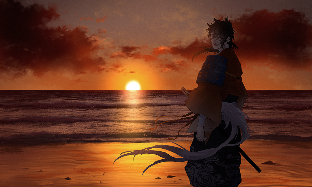ichino (1no), touken ranbu, character request, commentary request, 1boy, :d, black hair, black pants, closed eyes, cloud, evening, facing viewer, feet out of frame, japanese clothes, kimono, long hair, long sleeves, male focus, ocean, open mouth, orange sky, outdoors, pants, red kimono, sky, smile, solo, standing, sunset, sword, weapon, wide sleeves