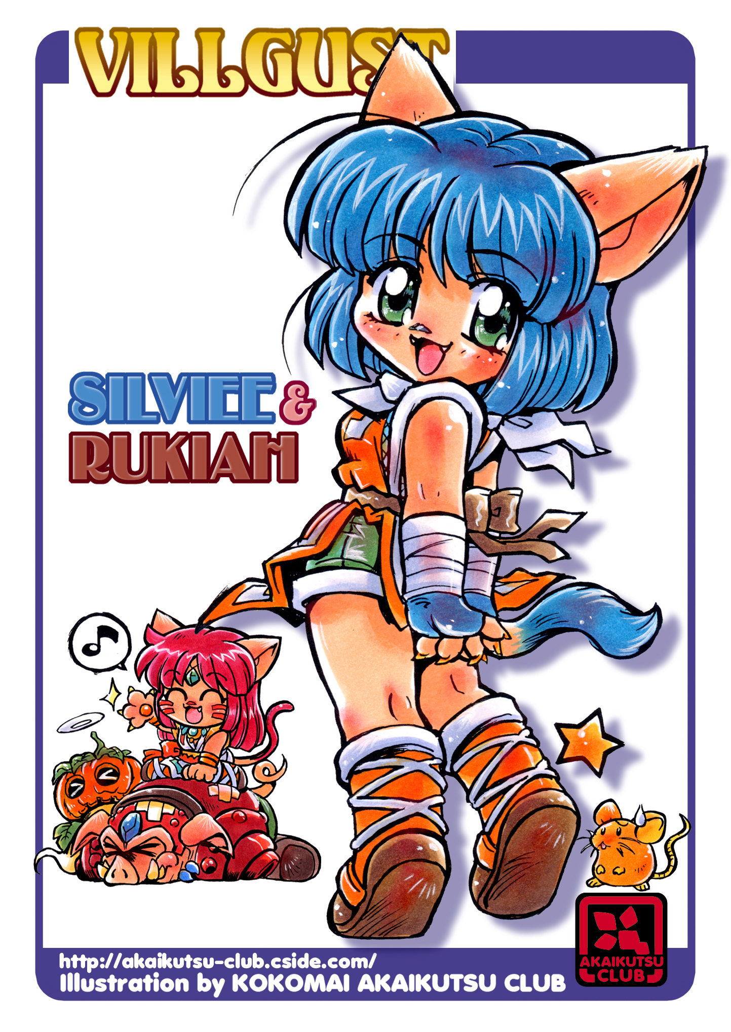 kokomahi, ryuquir (villgust), silviee (villgust), kouryuu densetsu villgust, commentary, highres, > <, 2girls, ^ ^, animal ears, armor, arms behind back, artist name, back bow, bandaged wrist, bandages, black bow, blue gloves, blue hair, bow, bracelet, cat ears, cat girl, cat tail, character name, chibi, circle name, circlet, closed eyes, comedic sweatdrop, copyright name, crossed bandaids, eighth note, facial mark, fangs, fingerless gloves, fingernails, ghost, ghost tail, gloves, green eyes, green shorts, halo, jewelry, long hair, looking at viewer, looking back, medium hair, mouse (animal), multiple girls, musical note, nail polish, open mouth, pawpads, pelvic curtain, pig boy, red armor, sharp fingernails, short shorts, shorts, sitting, sitting on person, smile, sparkle, speech bubble, spoken musical note, standing, star (symbol), tail, wariza, watermark, web address, yellow nails