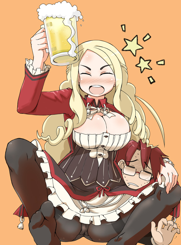 naitou kouse, eran, menas, 7th dragon, 7th dragon (series), 1boy, 1girl, alcohol, beer, blonde hair, breasts, cleavage, closed eyes, feet, large breasts, long hair, panties, panties under pantyhose, pantyhose, underwear