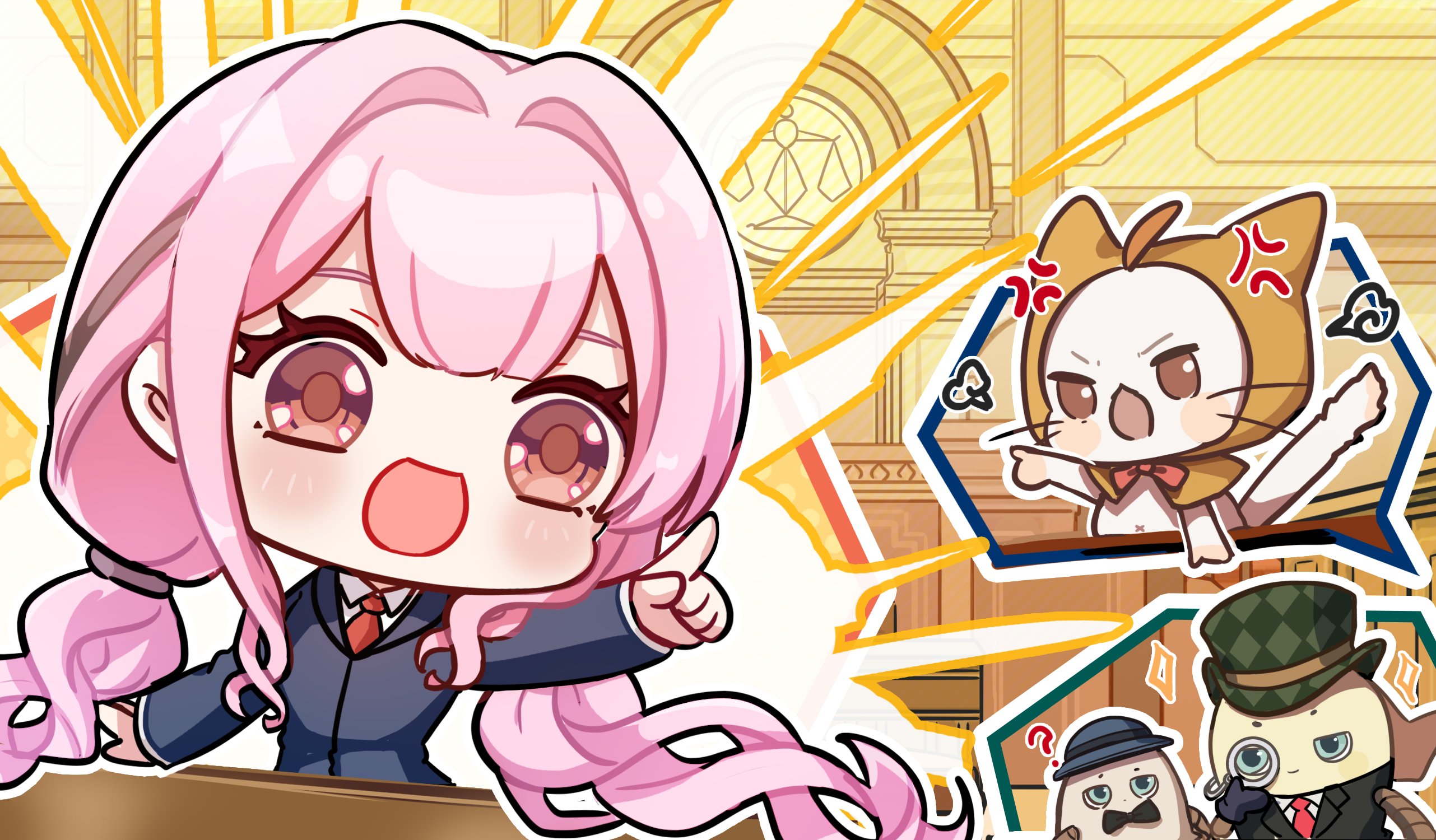 pun-rii, momo (nikki), nikki (nikki), ace attorney, infinity nikki, nikki (series), commentary, english commentary, highres, 1girl, :o, ahoge, anger vein, angry, animal, argyle clothes, argyle hat, black bow, black bowtie, black gloves, black jacket, black ribbon, blazer, blue hat, blunt bangs, bow, bowler hat, bowtie, brown eyes, cat, center stage leon (infinity nikki), chibi, cloak, closed mouth, clothed animal, collared jacket, collared shirt, courtroom, ear covers, emphasis lines, eyelashes, floating hair, gloves, green hat, grey-framed eyewear, hair intakes, hair ribbon, hair tie, hand on own face, hand on table, happy, hat, hood, hood up, hooded cloak, indoors, jacket, lapels, layered sleeves, light blush, long hair, long sleeves, looking ahead, low twintails, monocle, navel, necktie, notched lapels, open mouth, outline, parody, piecey, pink hair, pointing, pointing up, puff of air, red bow, red bowtie, red necktie, ribbon, round eyewear, scarface benny (infinity nikki), shirt, smile, sparkle, speech bubble, spoken character, tail raised, tareme, top hat, traditional bowtie, tress ribbon, twintails, v-shaped eyebrows, very long hair, wavy hair, white cat, white outline, white shirt, yellow cloak