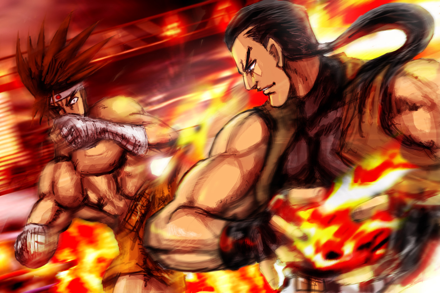 patsuki, joe higashi, robert garcia, fatal fury, ryuuko no ken, snk, the king of fighters, 2boys, bandaged arm, bandages, battle, black gloves, black hair, brown hair, fingerless gloves, fire, fireball, gloves, hachimaki, headband, male focus, multiple boys, ponytail, pyrokinesis, smile, spiked hair