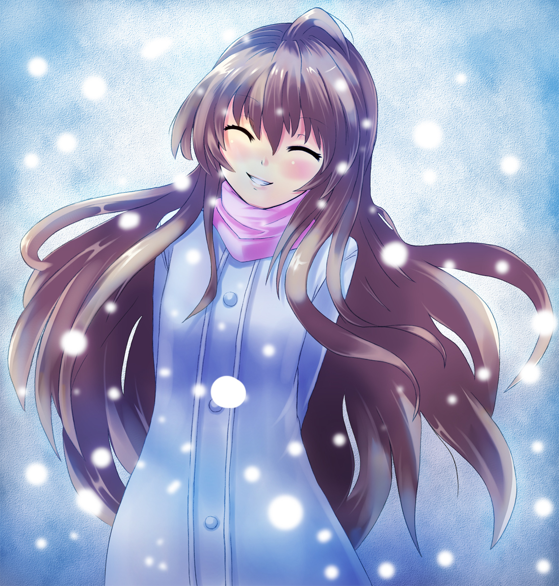hinata sora, aisaka taiga, toradora!, 00s, 1girl, ^ ^, arms behind back, blush, brown hair, closed eyes, coat, female focus, happy, long hair, scarf, smile, snow, solo, winter, winter clothes, winter coat