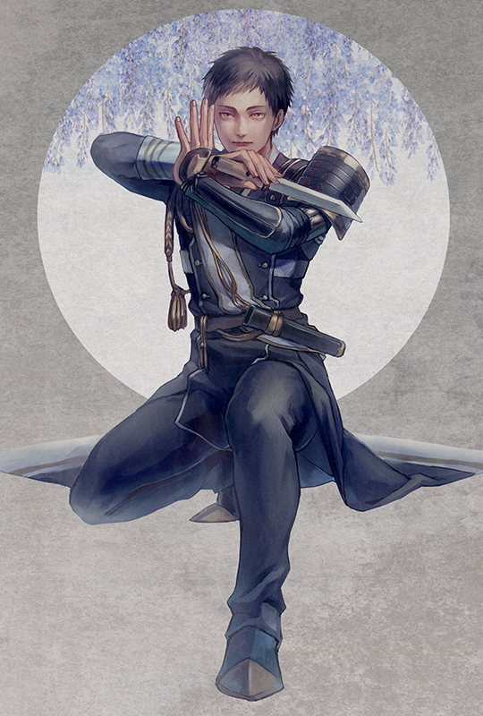 ichino (1no), touken ranbu, character request, commentary request, 1boy, black hair, black jacket, black pants, black shoes, closed mouth, full body, grey background, holding, holding sword, holding weapon, jacket, long sleeves, looking at viewer, male focus, on one knee, pants, shoes, short hair, solo, sword, weapon, yellow eyes