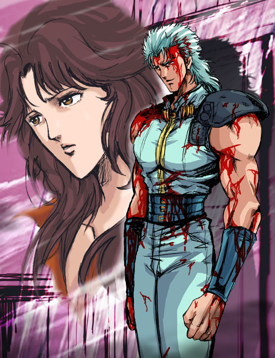 patsuki, mamiya (hokuto no ken), rei (hokuto no ken), hokuto no ken, 1boy, 1girl, arm guards, belt, blood, bodysuit, brown hair, buckle, clenched hand, cowboy shot, lips, long hair, skin tight, standing, very long hair