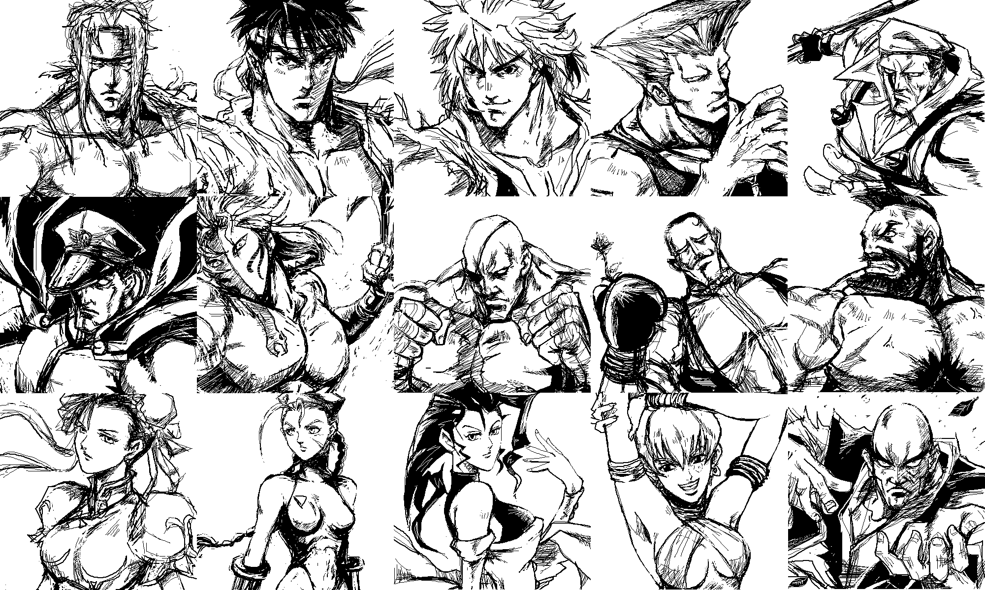 patsuki, alex (street fighter), cammy white, chun-li, dee jay, dudley, elena (street fighter), guile, ken masters, m. bison, retsu (street fighter), rolento, rose (street fighter), ryu (street fighter), sagat, vega (street fighter), zangief, capcom, final fight, street fighter, highres, 4girls, 6+boys, flower, greyscale, hagoromo, monochrome, multiple boys, multiple girls, shawl