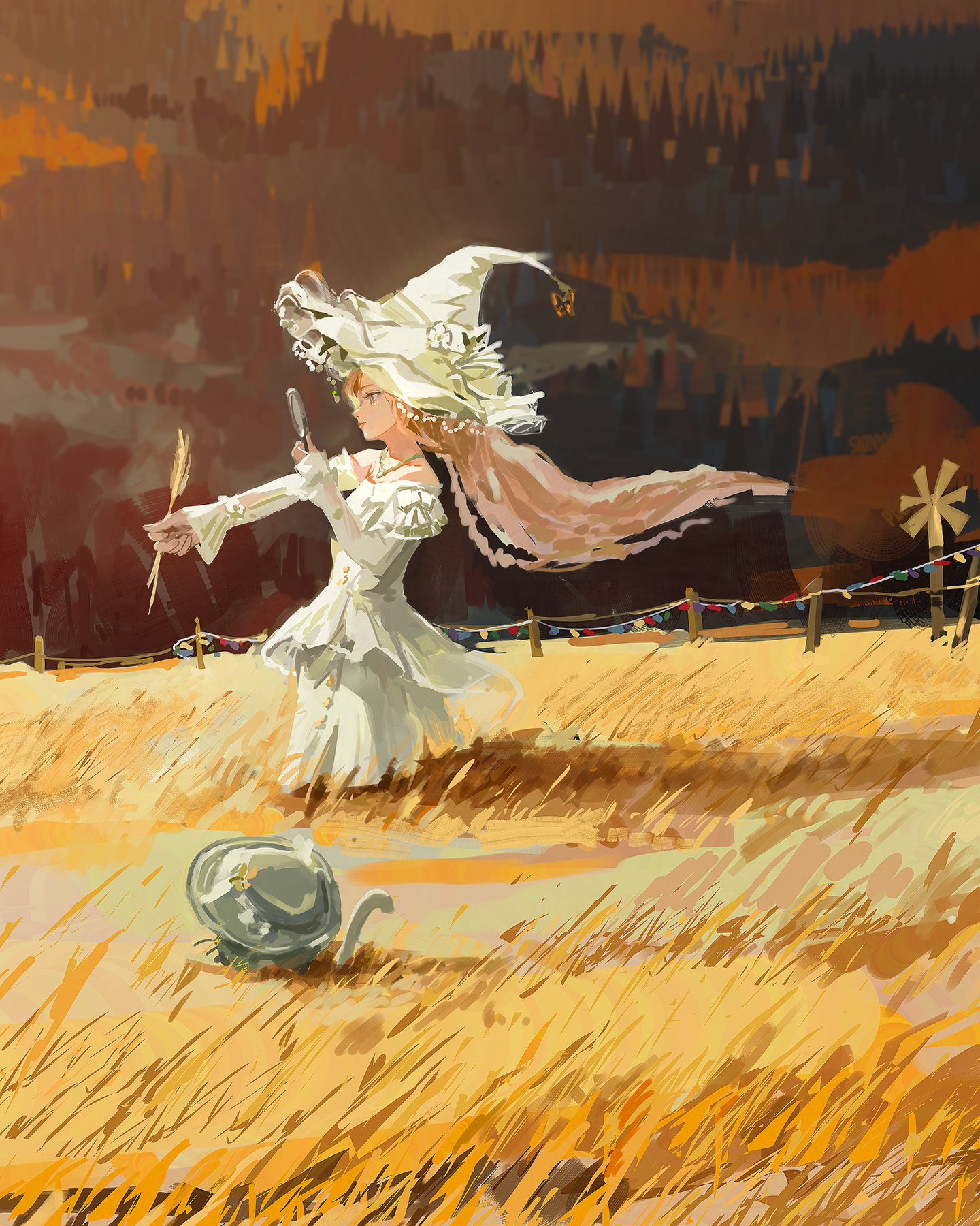 pluvium grandis, momo (nikki), infinity nikki, nikki (series), commentary, english commentary, highres, 1girl, animal, bare shoulders, bow, bowler hat, brown hair, butterfly hat ornament, cat, cloak, closed mouth, clothed animal, collarbone, day, dress, fence, flower, frilled headwear, frilled sleeves, frills, from side, green bow, green cloak, green dress, green eyes, green hat, hat, hat bow, hat flower, hat ornament, holding, holding magnifying glass, holding wheat, hood, hood up, hooded cloak, jewelry, layered sleeves, lipstick, long dress, long hair, long sleeves, looking through magnifying glass, low twintails, magnifying glass, makeup, necklace, off-shoulder dress, off shoulder, official alternate costume, outdoors, outstretched arm, painterly, pointy nose, rainfall & blossoms (infinity nikki), red lips, short over long sleeves, short sleeves, sleeves past wrists, smile, standing, string of flags, twintails, very long hair, wavy hair, wheat field, whiskers, white cat, white flower, wind, witch, witch hat, yellow flower