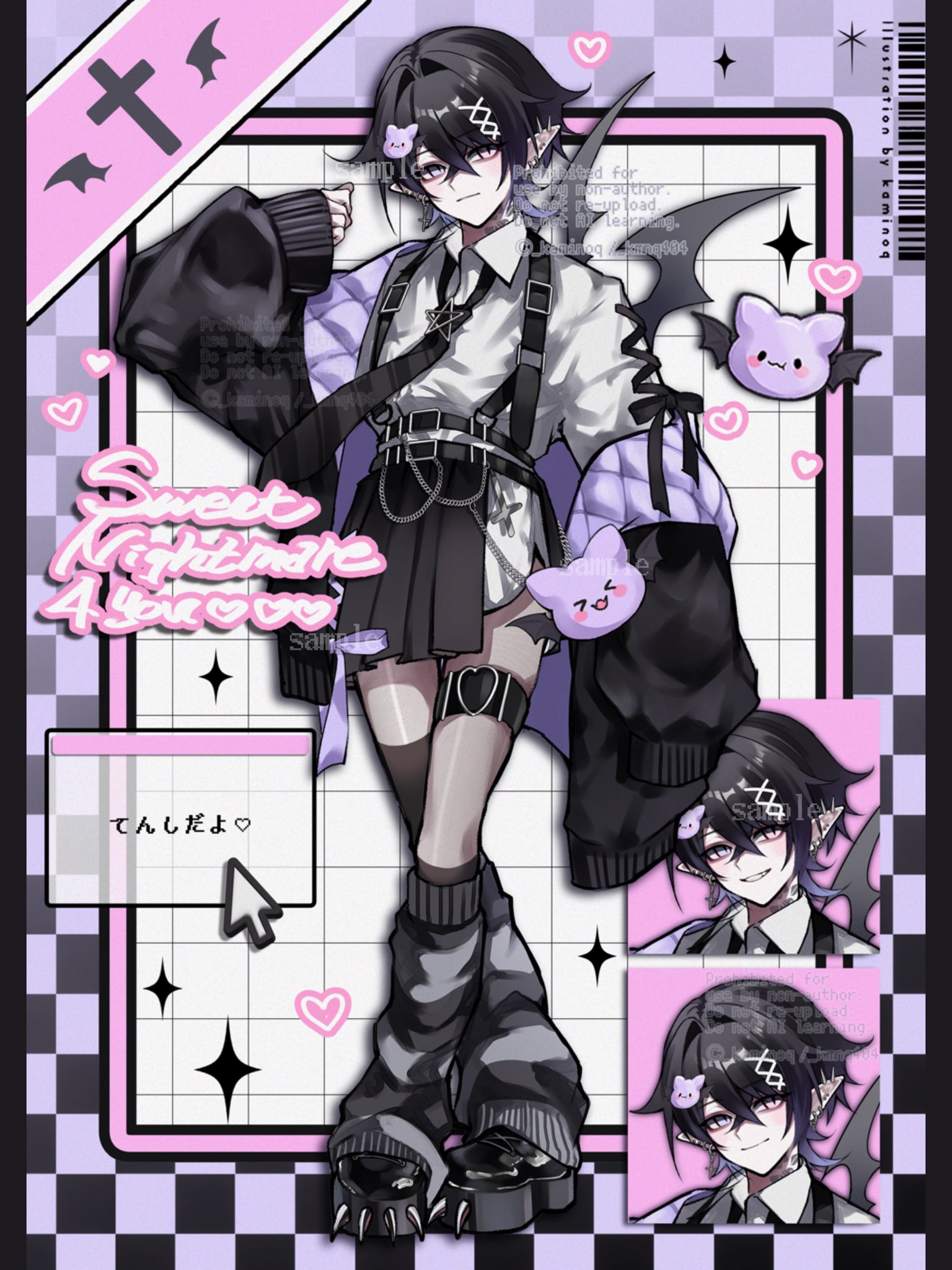 kaminoq, original, commentary, commission, highres, 1boy, black hair, black jacket, black necktie, black shoes, black skirt, black socks, closed mouth, collared shirt, crossdressing, crossdressing (mtf), full body, grid background, hair between eyes, hand up, jacket, long sleeves, looking at viewer, male focus, necktie, off shoulder, open clothes, open jacket, pleated skirt, purple eyes, shirt, shoes, short hair, skirt, socks, solo, spiked shoes, spikes, standing, suspender skirt, suspenders, thigh strap, watermark, white background, white shirt