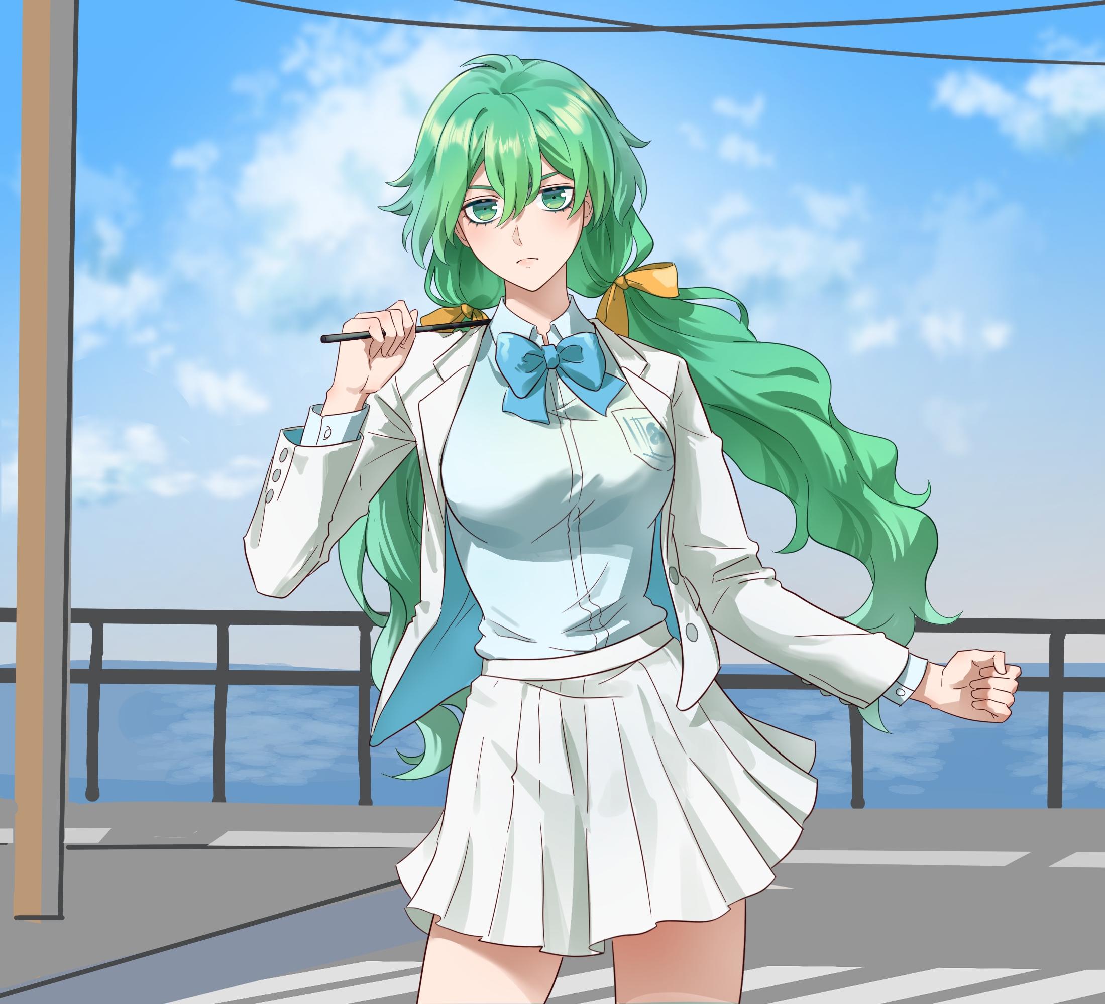 deadman70232800, nelliel tu odelschwanck, bleach, bleach: sennen kessen-hen, highres, 1girl, blue ribbon, blue sky, breasts, closed mouth, cloud, espada, female focus, green eyes, green hair, jacket, long hair, looking at viewer, medium breasts, official alternate costume, outdoors, ribbon, school uniform, skirt, sky, solo, solo focus, standing