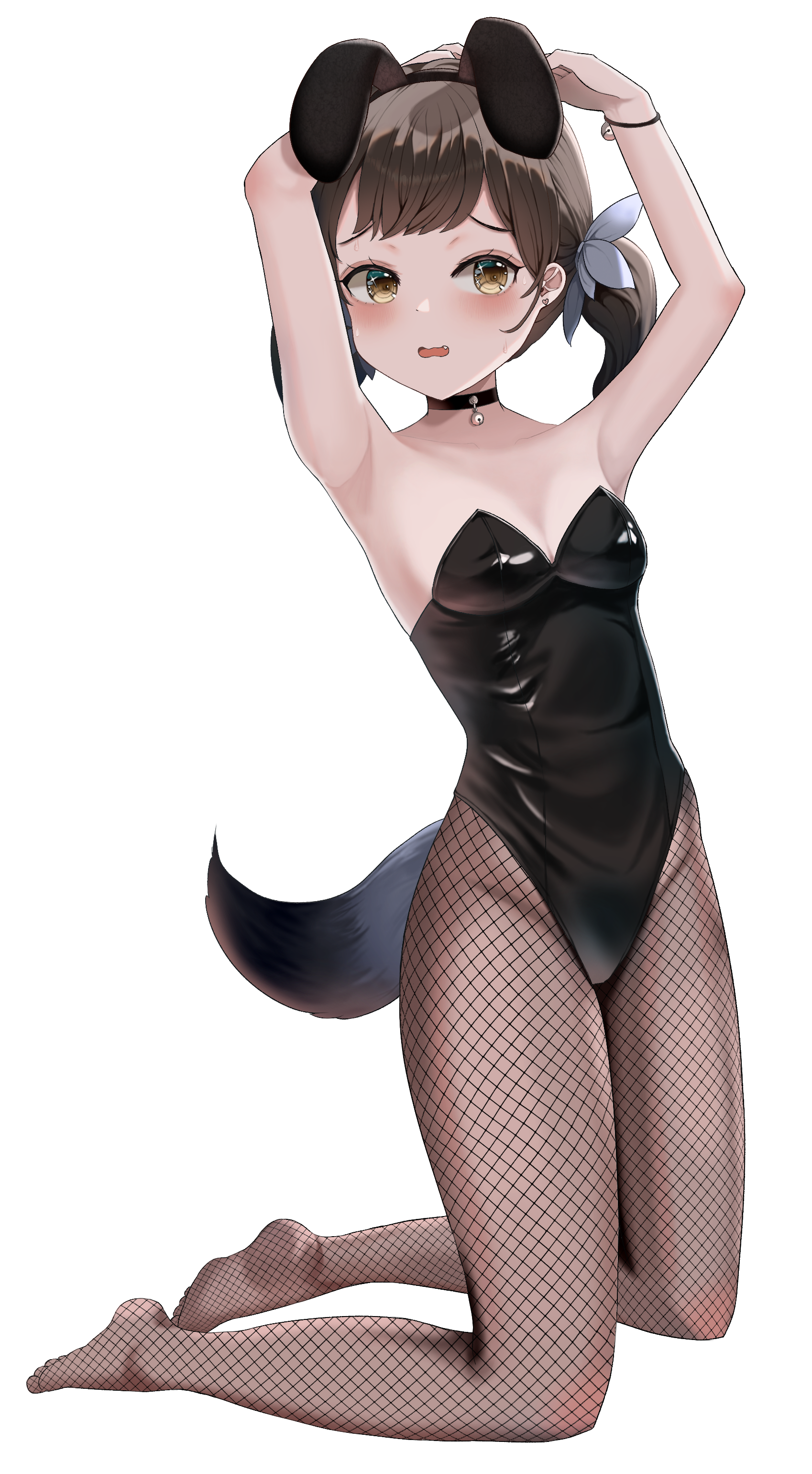 yomining, sera (crusaders quest), crusaders quest, absurdres, highres, 1girl, animal ear hairband, animal ears, arm behind head, armpits, arms up, bare arms, bell, black choker, black hairband, black leotard, black tail, blush, breasts, brown hair, brown pantyhose, choker, embarrassed, fake animal ears, fang, fishnet pantyhose, fishnets, full body, gradient tail, grey tail, groin, hairband, jingle bell, kneeling, leotard, low twintails, neck bell, no shoes, open mouth, pantyhose, playboy bunny, rabbit ears, raised inner eyebrows, simple background, small breasts, solo, strapless, strapless leotard, tail, twintails, wavy mouth, white background, wristband, yellow eyes