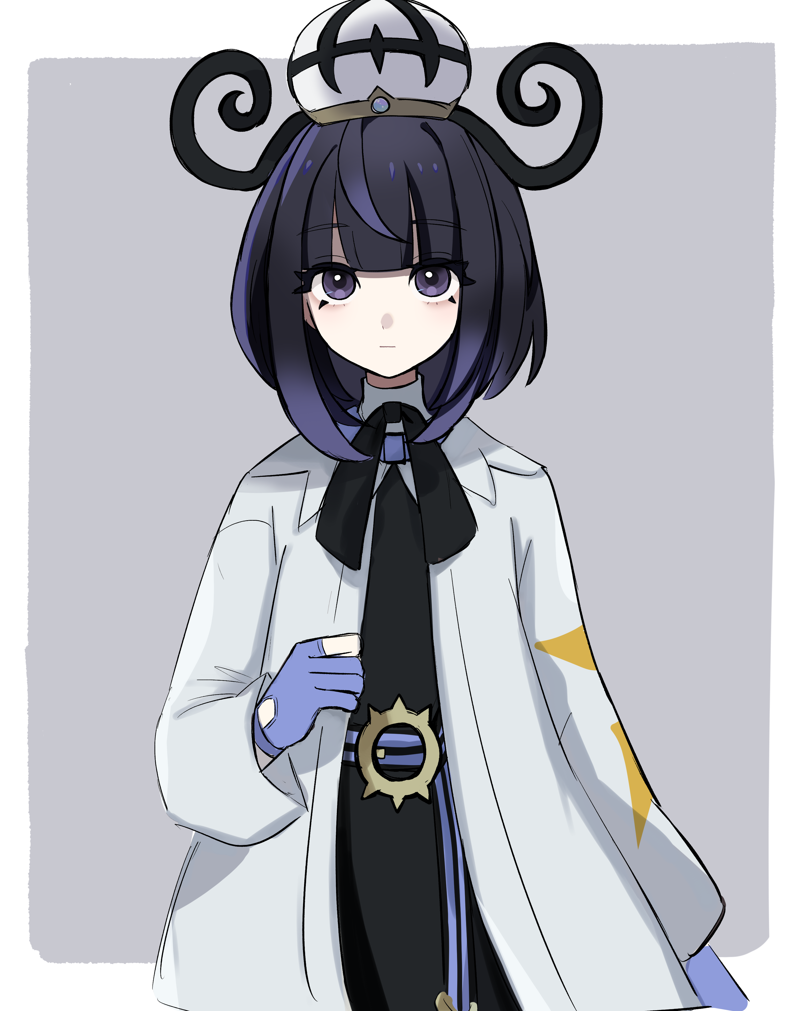 tsuki0425, gwynn (pokemon), nintendo, pokemon, pokemon legends: z-a, absurdres, commentary request, highres, 1girl, belt, belt buckle, black dress, black hair, blunt bangs, border, buckle, closed mouth, coat, dress, gloves, gradient hair, grey background, hat, long sleeves, looking at viewer, multicolored hair, o-ring, o-ring belt, open clothes, open coat, outside border, partially fingerless gloves, purple eyes, purple hair, short hair, solo, white border, white coat, white hat