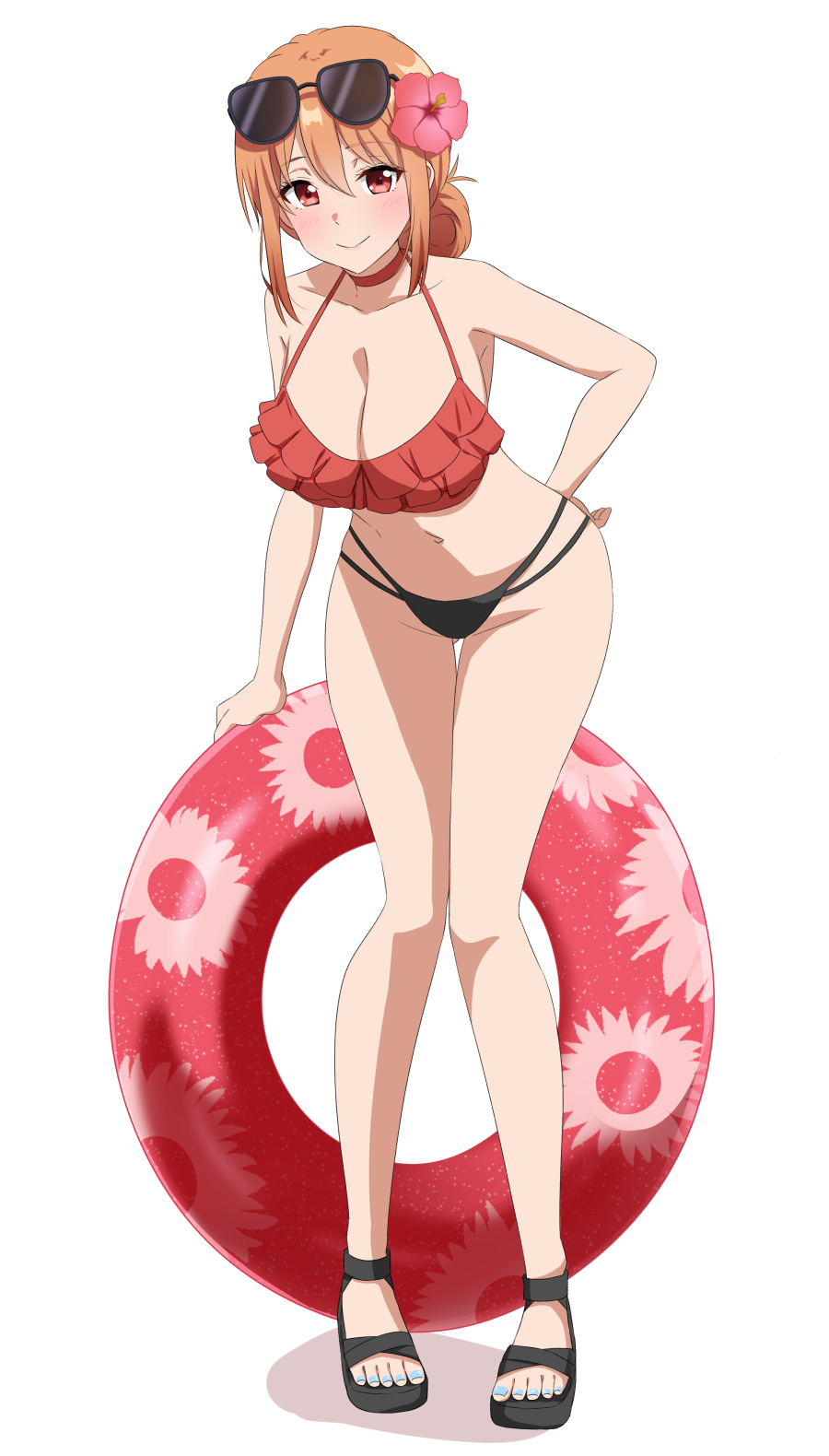 dars (recolors), yuigahama yui's mother, yahari ore no seishun lovecome wa machigatteiru., highres, 1girl, bikini, black bikini, blue nails, breasts, brown eyes, brown hair, choker, cleavage, collarbone, frilled bikini, frills, full body, groin, hand on own hip, large breasts, lifebuoy, looking at viewer, mature female, medium hair, mismatched bikini, nail polish, navel, red bikini, red choker, sidelocks, simple background, smile, stomach, sunglasses, sunglasses on head, swim ring, swimsuit, toes, white background, wide hips