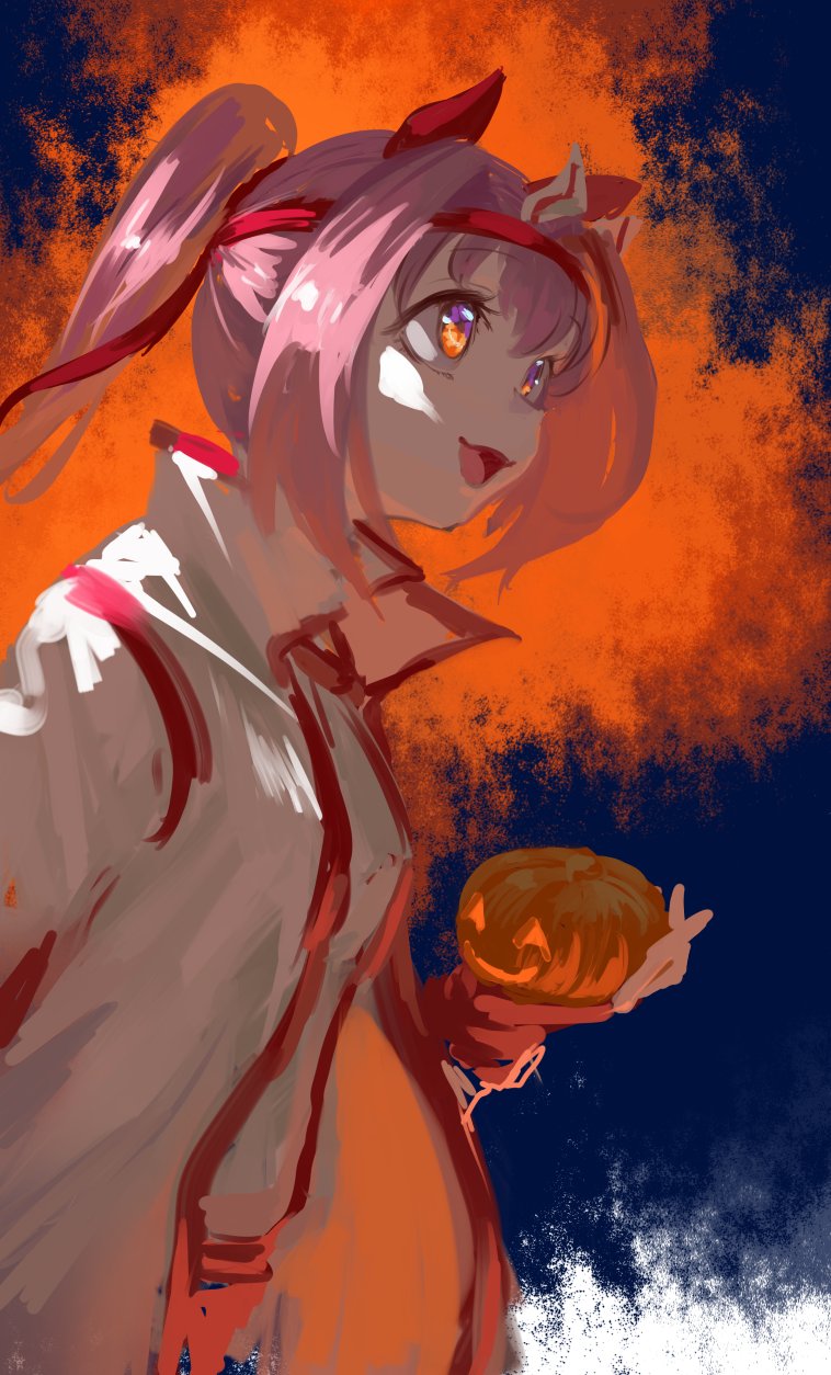 inishie kumo, haru urara (bestest prize) (umamusume), haru urara (umamusume), umamusume, highres, 1girl, animal ears, bow, ear bow, ear covers, fingerless gloves, flower-shaped pupils, flower in eye, gloves, hairband, headband, holding, holding pumpkin, horse ears, horse girl, jacket, long hair, open mouth, pink eyes, pink hair, pink headband, ponytail, pumpkin, red gloves, red headband, shirt, smile, solo, symbol-shaped pupils, symbol in eye, white jacket, white shirt