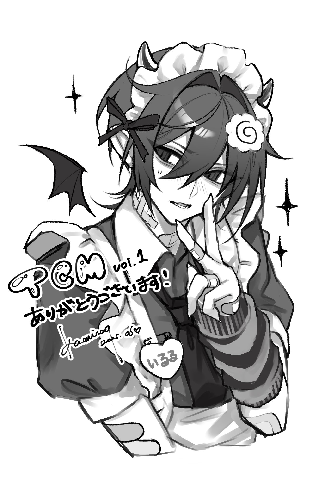 kaminoq, original, commentary request, highres, 1boy, apron, arm warmers, bandaid, bandaid on arm, bandaid on finger, bandaid on hand, black dress, cropped torso, crossdressing, crossdressing (mtf), double-parted bangs, dress, greyscale, hair between eyes, hand up, maid, maid headdress, male focus, male maid, monochrome, necktie, open mouth, short hair, short sleeves, simple background, solo, v, white background