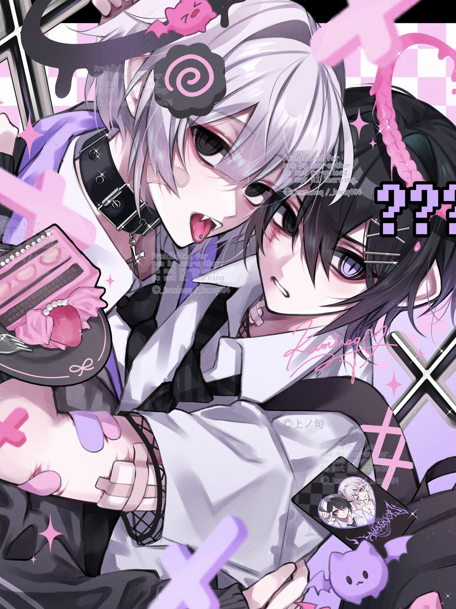 kaminoq, original, commentary, highres, 2boys, ?, ??, backpack, bag, black choker, black eyes, black hair, black halo, black necktie, choker, collared shirt, double-parted bangs, fangs, grey hair, hair between eyes, hair ornament, hairclip, halo, heterochromia, looking at viewer, male focus, melting halo, multiple boys, necktie, open mouth, parallel hairclips, parted lips, piercing, pink halo, purple background, purple eyes, shirt, short hair, short sleeves, signature, slit pupils, tongue, tongue out, tongue piercing, upper body, watermark, white shirt, x hair ornament