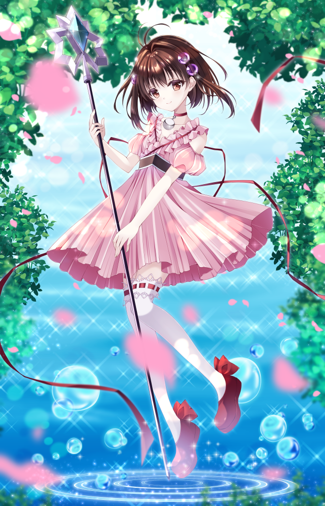 shizuki ayame, reala (tales), tales of (series), tales of destiny, tales of destiny 2, commission, skeb commission, 1girl, brown eyes, brown hair, dress, full body, lens, looking at viewer, petals, pink dress, ribbon, short hair, smile, solo, staff, water