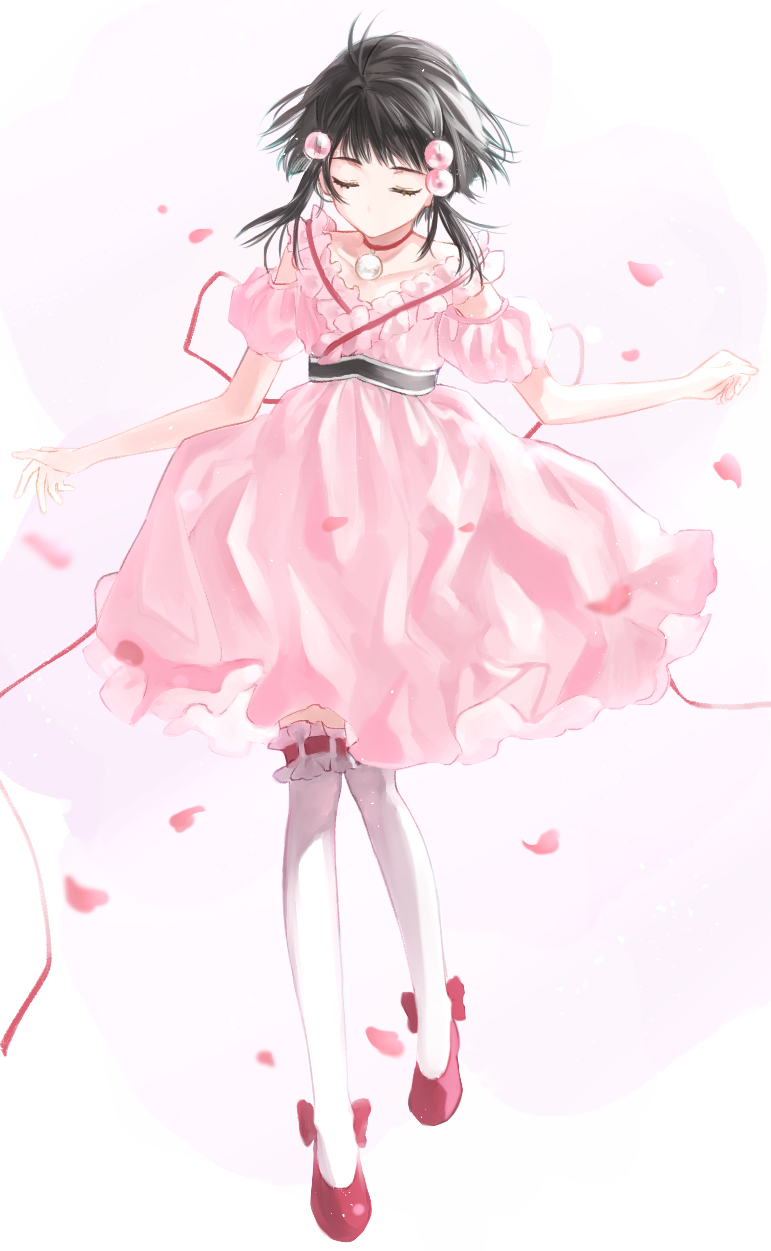 manarona, reala (tales), tales of (series), tales of destiny, tales of destiny 2, highres, 1girl, black hair, choker, closed eyes, dress, expressionless, full body, lens, petals, pink dress, ribbon, short hair, solo, thighhighs, white thighhighs