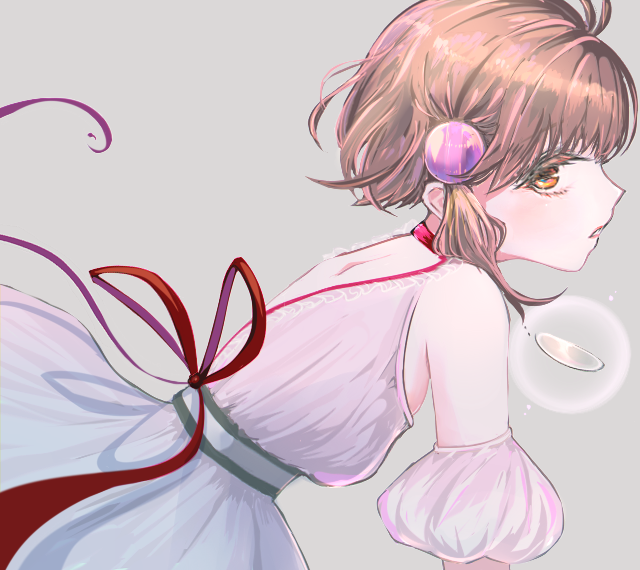 shiichi, reala (tales), tales of (series), tales of destiny, tales of destiny 2, 1girl, bare shoulders, brown hair, dress, lens, looking at viewer, orange eyes, profile, short hair, sideways glance, solo, upper body