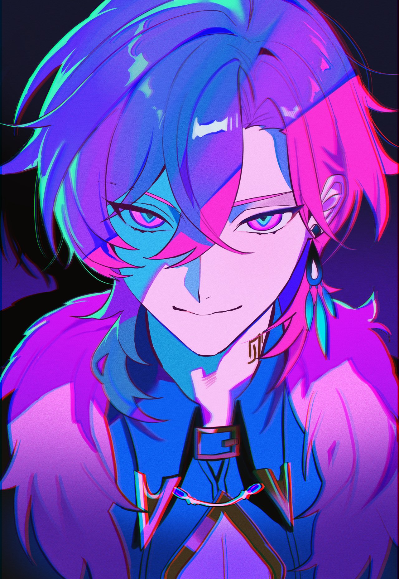 aventurine (honkai: star rail), honkai: star rail, honkai (series), highres, 1boy, blonde hair, chromatic aberration, cleavage cutout, clothing cutout, fur-trimmed jacket, fur trim, gradient background, green shirt, hair between eyes, hazozoyaku, jacket, jewelry, looking at viewer, male focus, multicolored eyes, neon palette, purple eyes, shirt, solo, upper body
