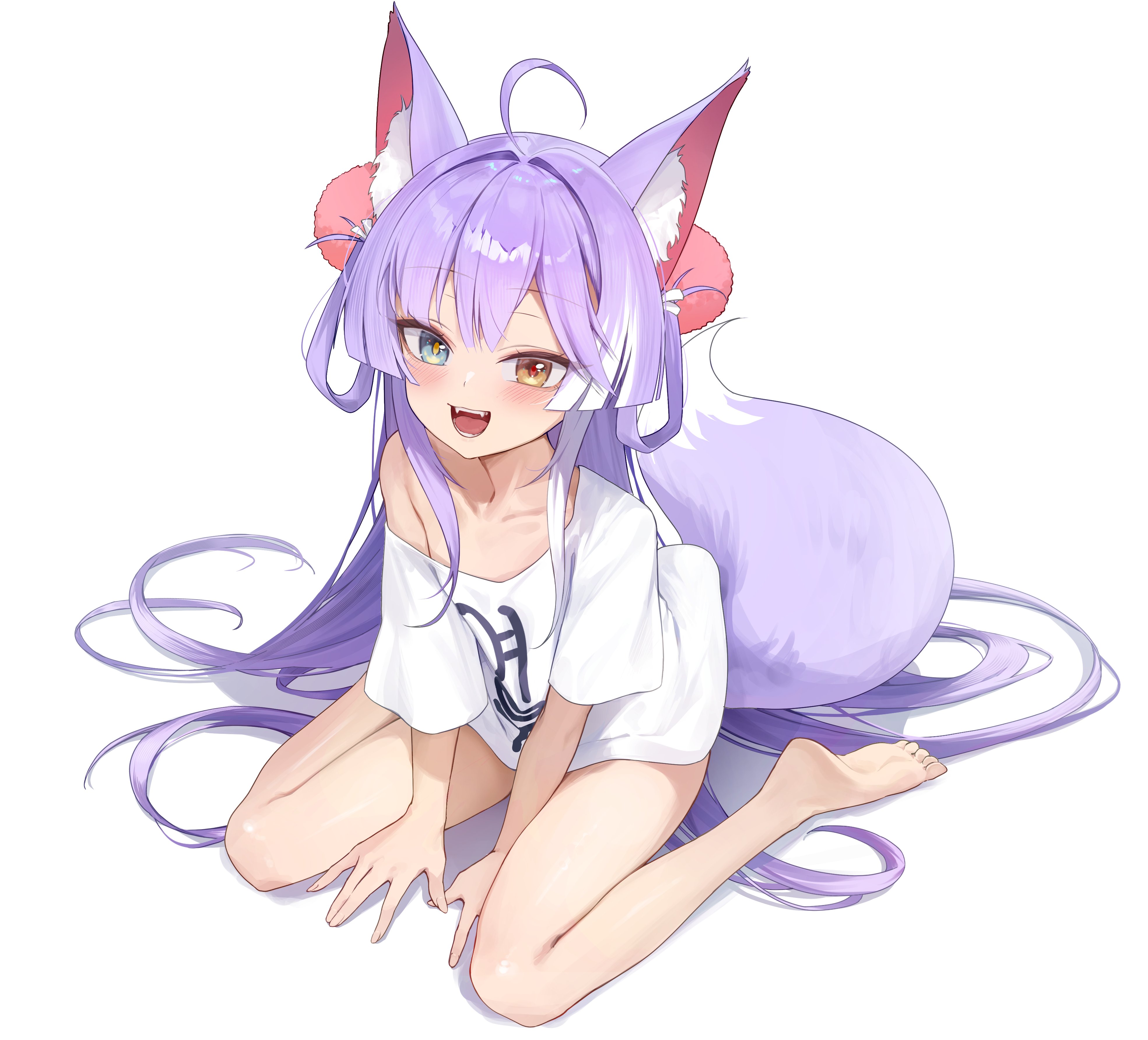 clrawing, tenko shibuki, stellive, absurdres, highres, 1girl, :d, animal ears, barefoot, between legs, blue eyes, fox ears, fox girl, fox tail, full body, hair ornament, hand between legs, heterochromia, long hair, looking at viewer, multicolored hair, no pants, off shoulder, open mouth, pom pom (clothes), pom pom hair ornament, purple hair, shirt, shirt slip, short sleeves, simple background, single bare shoulder, sitting, smile, tail, teeth, two-tone hair, very long hair, virtual youtuber, wariza, white background, white hair, white shirt, yellow eyes