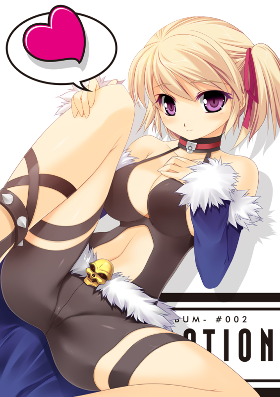 kinoshita ichi, stalker, stalker (ragnarok online), ragnarok online, 1girl, belt, bike shorts, blonde hair, blush, breasts, choker, cleavage, detached sleeves, female focus, fur-trimmed sleeves, fur-trimmed waist cape, fur trim, hair ribbon, heart, large breasts, lying, purple eyes, ribbon, short hair, smile, solo, spoken heart, spread legs, thigh strap, twintails, waist cape