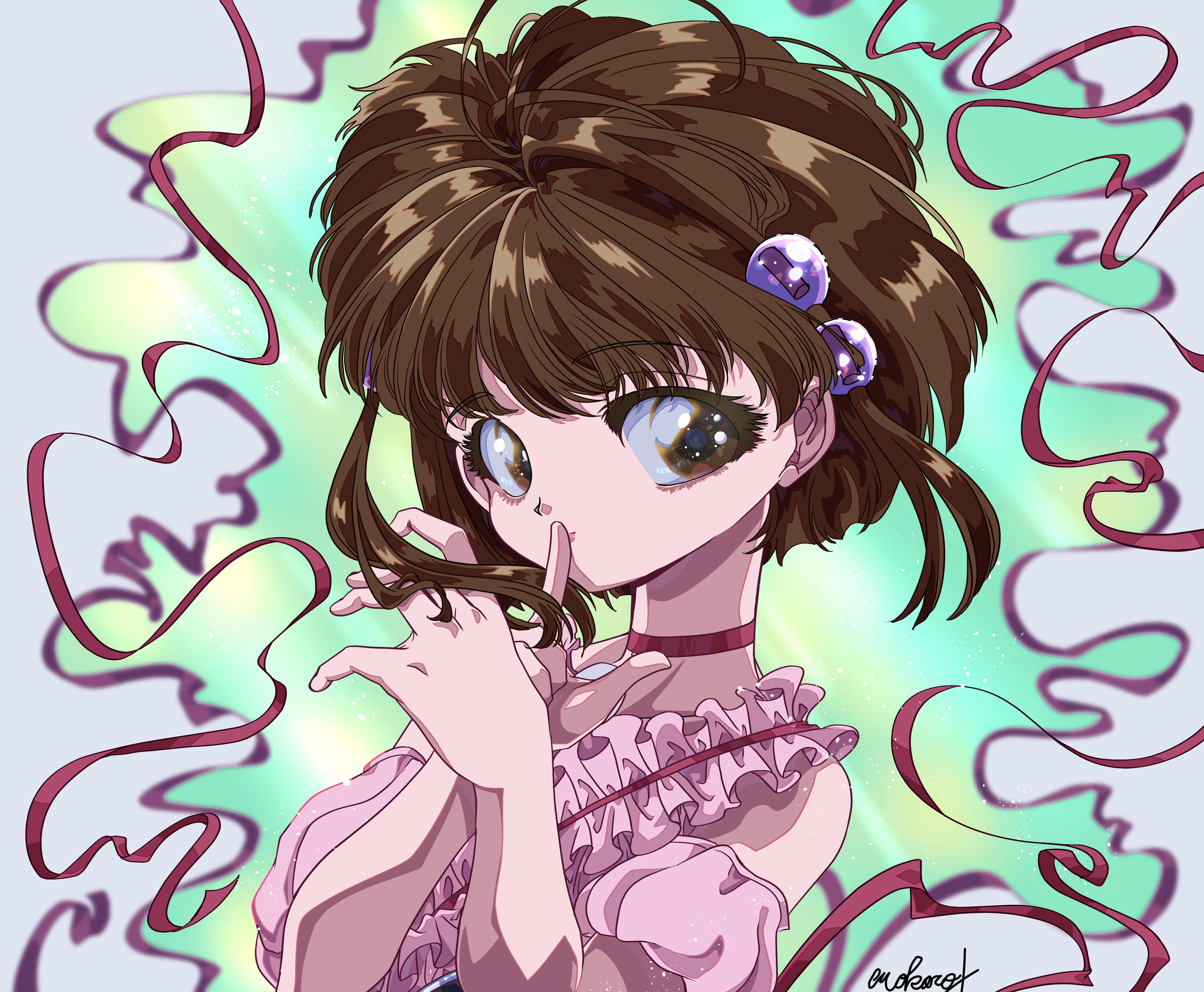 reala (tales), tales of (series), tales of destiny, tales of destiny 2, absurdres, highres, 1girl, akasi0807, brown hair, choker, dress, finger to mouth, hair bobbles, hair ornament, index finger raised, lens, looking at viewer, pink dress, ribbon, short hair, solo, upper body