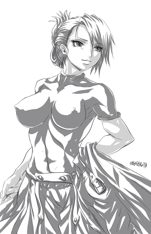 madhatter hello, riza hawkeye, fullmetal alchemist, 00s, 1girl, abs, breasts, covered erect nipples, female focus, folded ponytail, greyscale, impossible clothes, impossible shirt, large breasts, military, military uniform, monochrome, shirt, skin tight, solo