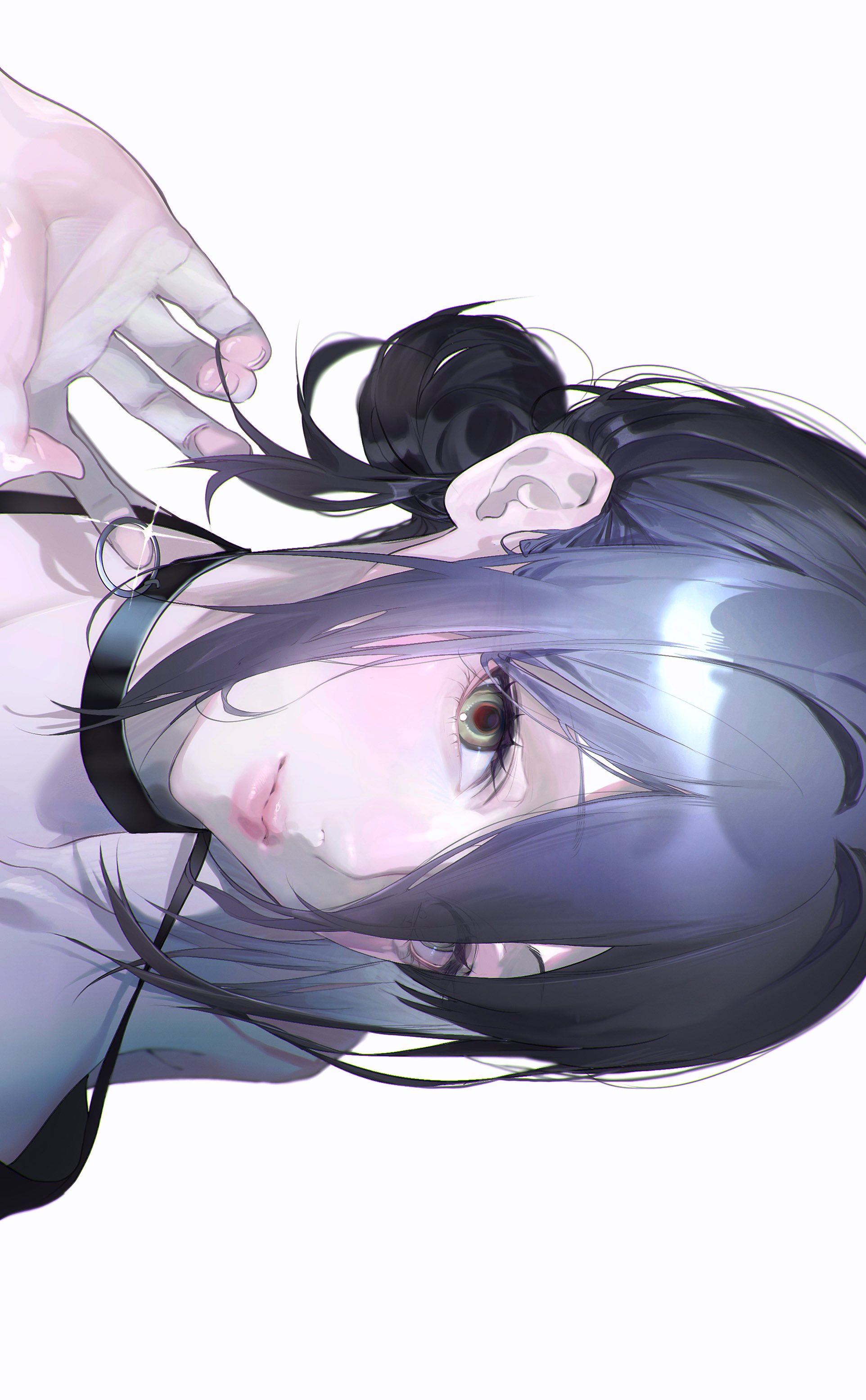 reze (chainsaw man), chainsaw man, absurdres, commentary request, highres, 1girl, black choker, black hair, choker, closed mouth, eyes visible through hair, green eyes, grenade pin, hair between eyes, hair bun, hand up, lips, long hair between eyes, looking at viewer, portrait, scqps, short hair, simple background, solo, white background