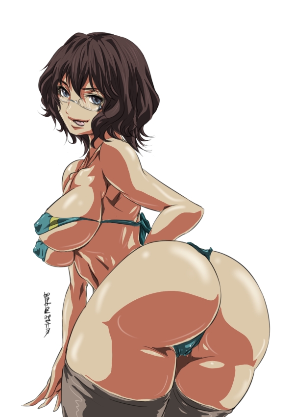 madhatter hello, shirin bakhtiar, gundam, gundam 00, 00s, 1girl, :p, ass, back, bent over, bikini, black hair, blue eyes, breasts, covered erect nipples, female focus, glasses, huge ass, large breasts, looking back, micro bikini, naughty face, panties, short hair, solo, swimsuit, thighhighs, thong, thong bikini, tongue, tongue out, underboob, underwear