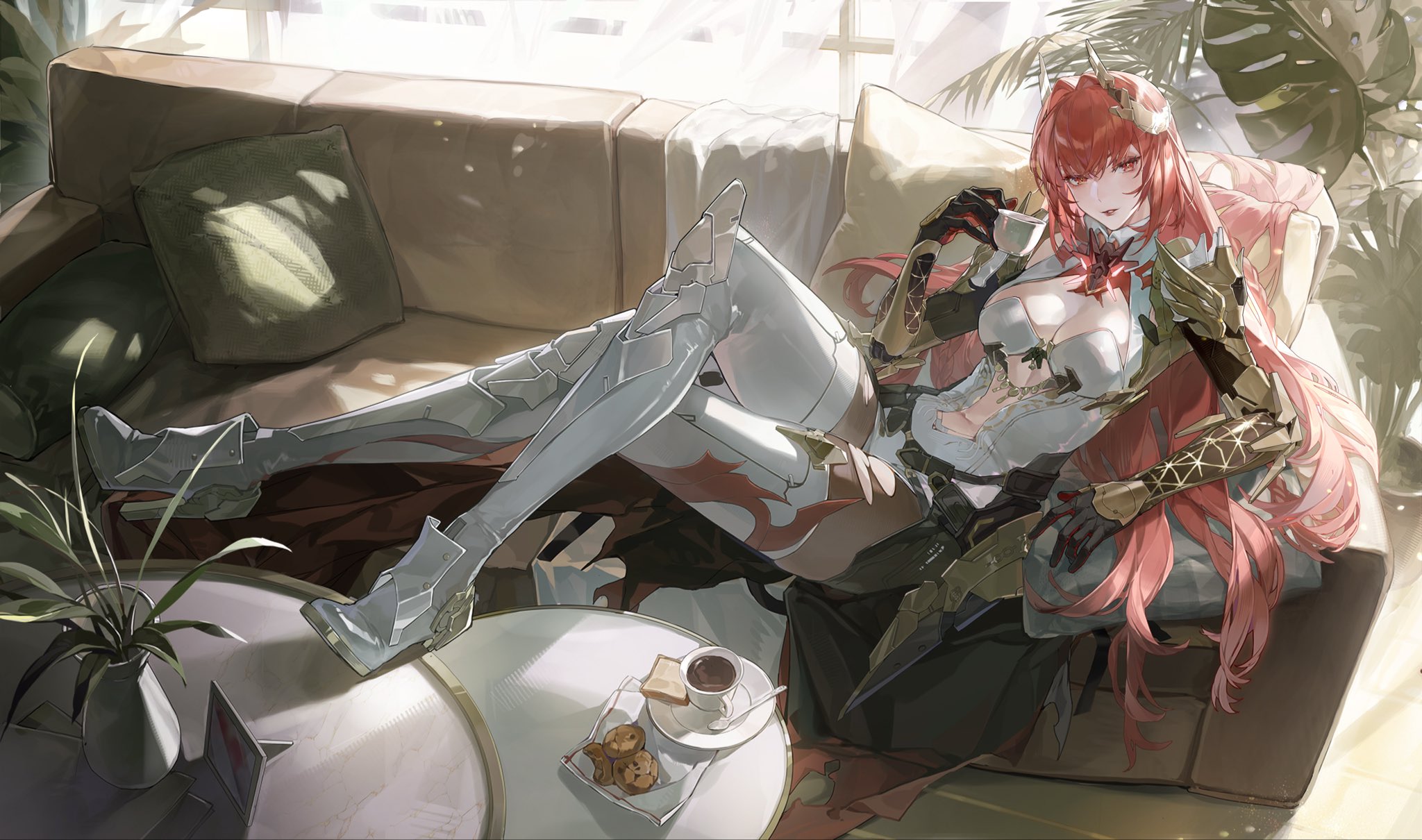 nanchi fantuan, vera: geiravor (pgr), vera (pgr), punishing: gray raven, commentary request, highres, 1girl, bread, breasts, cleavage, clothing cutout, cookie, couch, crossed legs, cup, dappled sunlight, food, full body, hair intakes, headgear, holding, holding cup, indoors, long hair, looking at viewer, lying, mechanical arms, mechanical legs, medium breasts, navel, on couch, parted lips, pillow, plant, potted plant, red eyes, red hair, red lips, solo, spoon, sunlight, table, teacup, vase, very long hair