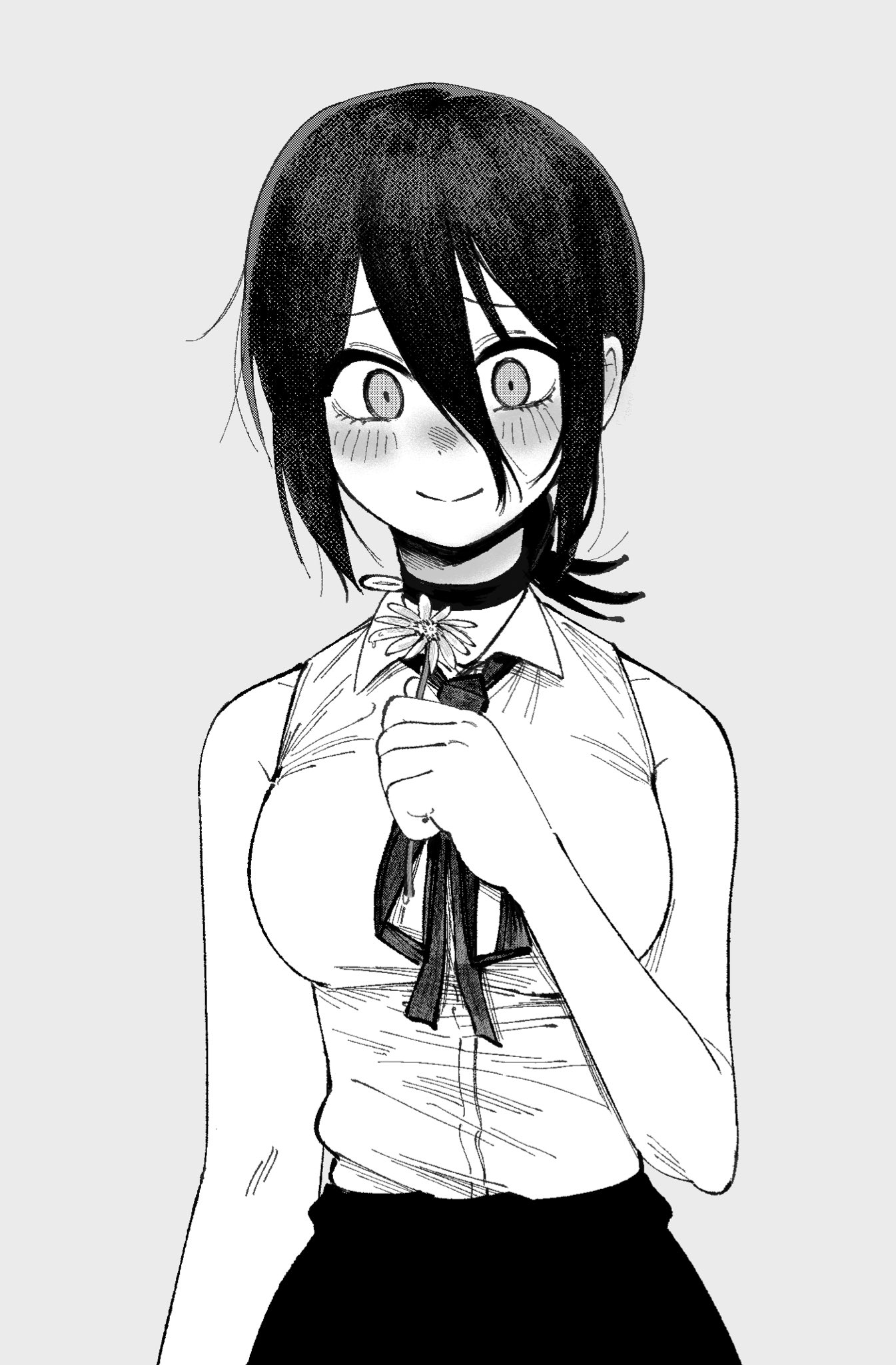nanann (zxcv2186), reze (chainsaw man), chainsaw man, commentary, english commentary, highres, 1girl, blush, choker, closed mouth, collared shirt, flower, grenade pin, grey background, greyscale, hair between eyes, hair bun, holding, holding flower, medium hair, monochrome, neck ribbon, ribbon, shirt, simple background, sleeveless, sleeveless shirt, solo, upper body